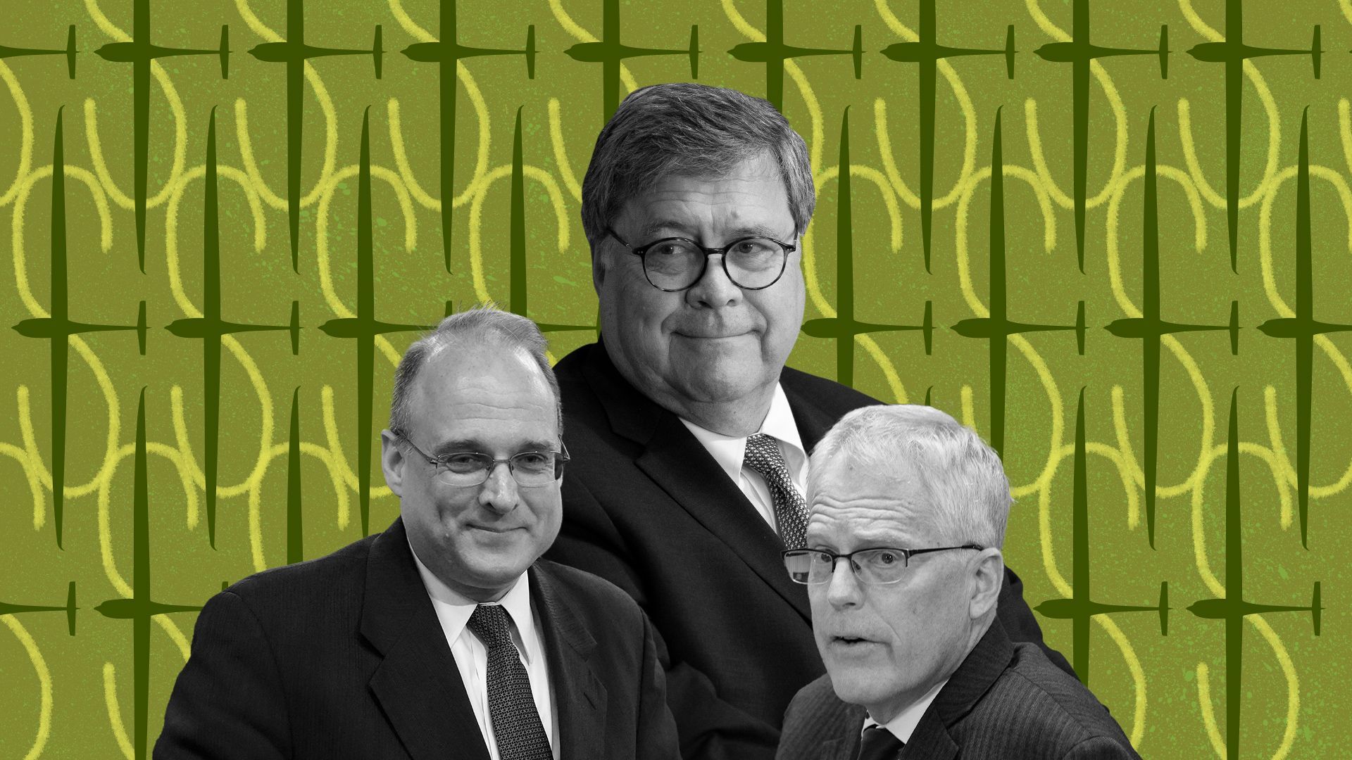 Photo illustration of Bill Barr, Chris Miller and Marshall Billingslea on an abstract green background with a pattern of drones and dollar bill signs behind them. 