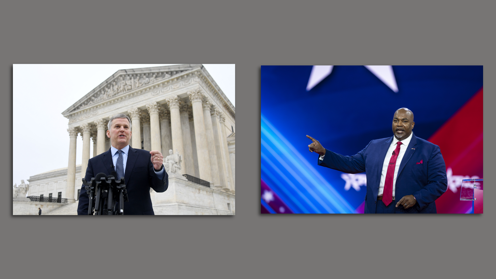 Separate photos Josh Stein and Mark Robinson, speaking at events