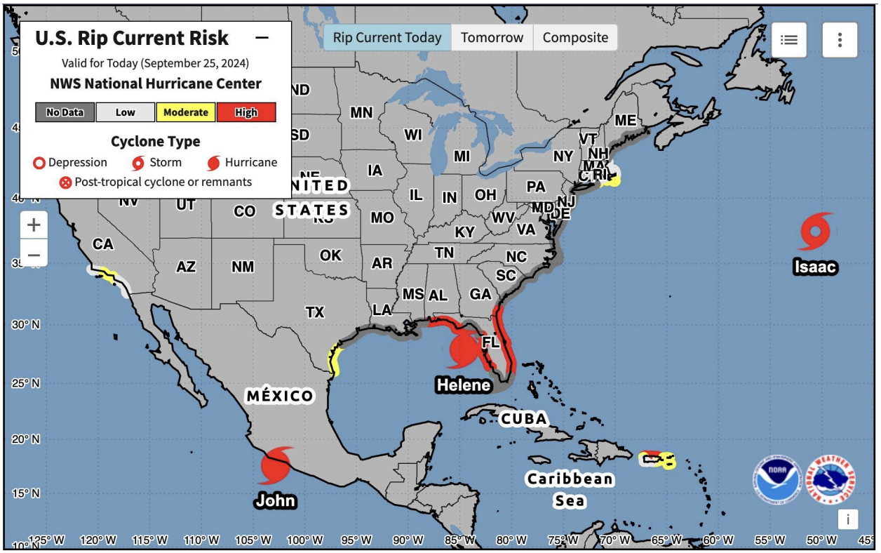 Image shows a map of the United States with part of the Florida coastline highlighted in red.