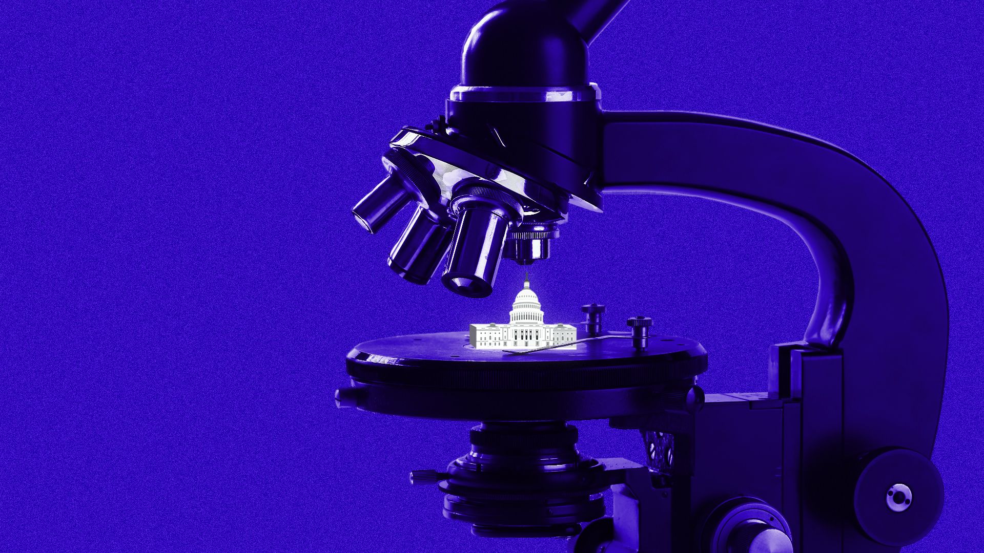 Illustration of tiny Capitol building under microscope.