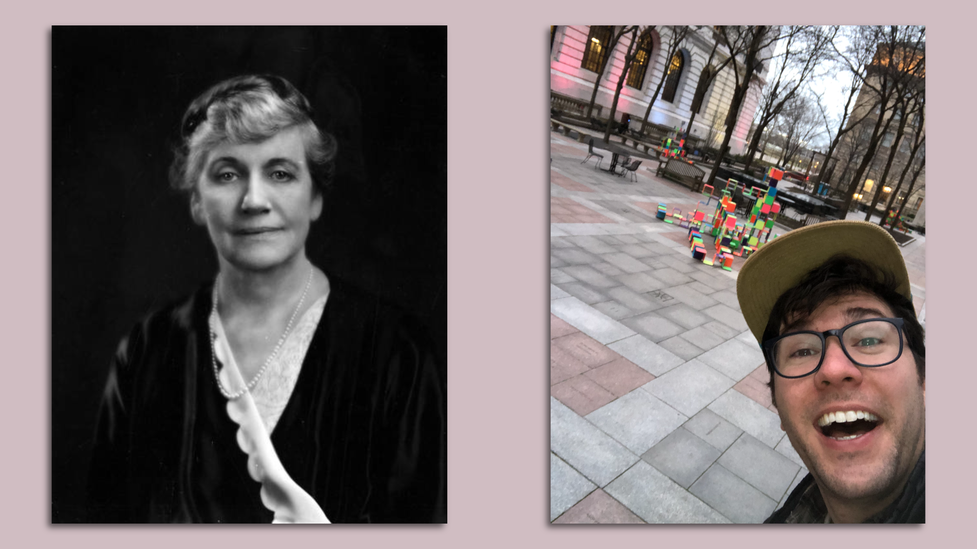 Black and white image of Linda Eastman / Selfie of reporter Sam Allard at urban reading garden 