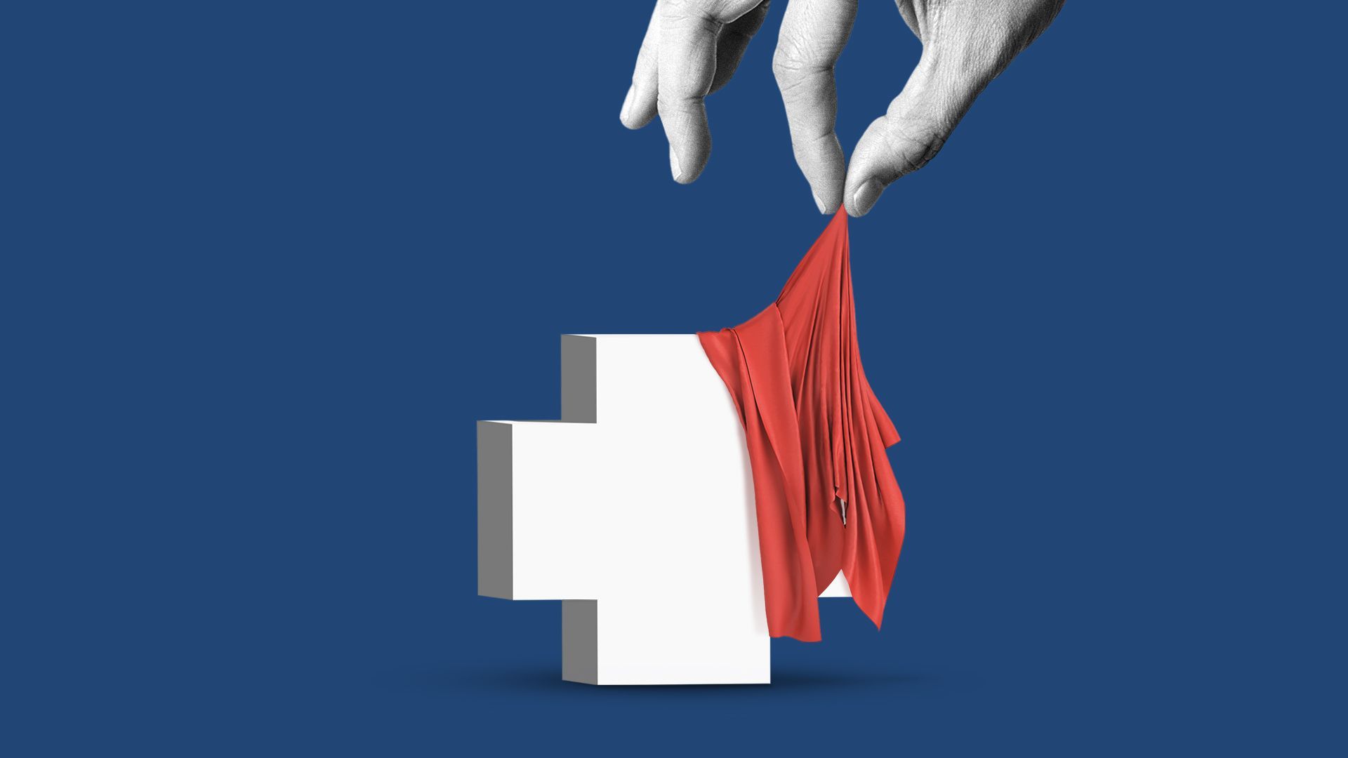 Illustration of a hand pulling back a red piece of fabric to reveal a health plus shape