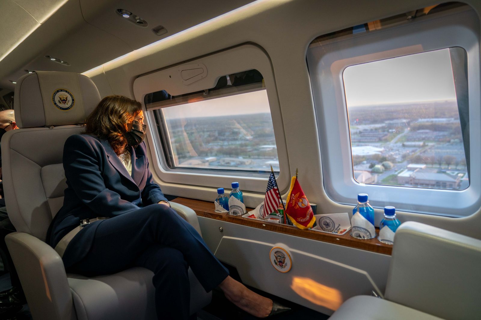 Vice President Kamala Harris is seen looking out the window of Marine Two.
