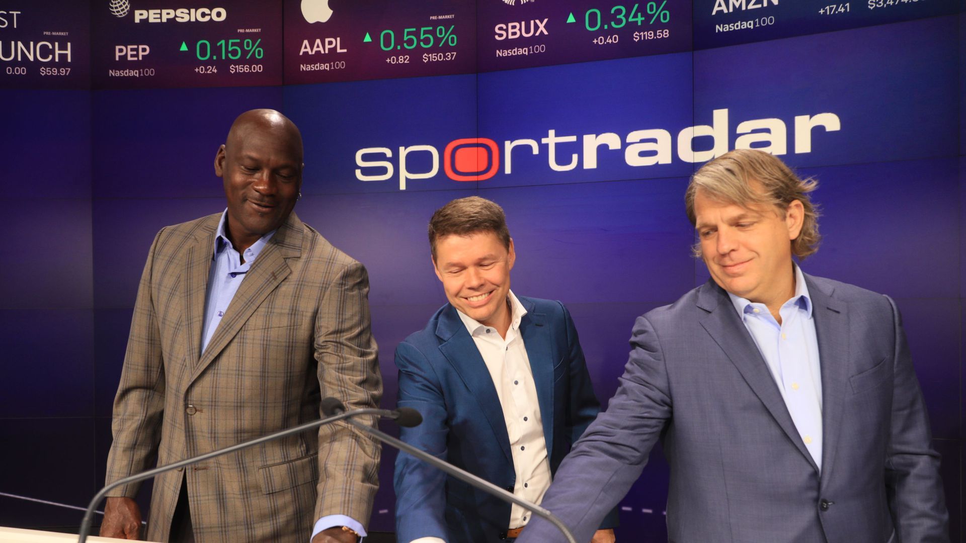 Michael Jordan and SportRadar executives at SportRadar's IPO