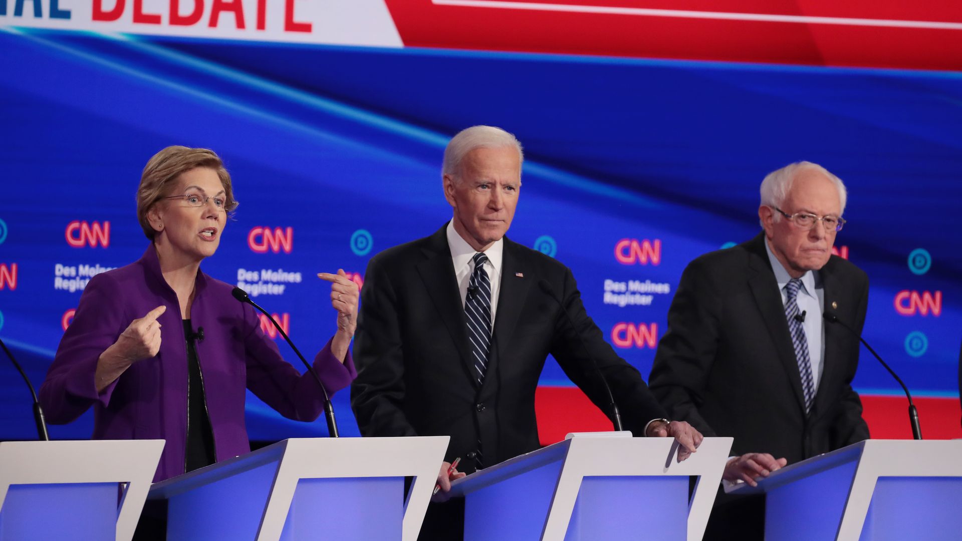 Elizabeth Warren, Joe Biden and BErnie Sanders. Photo: Scott Olson/Getty Images