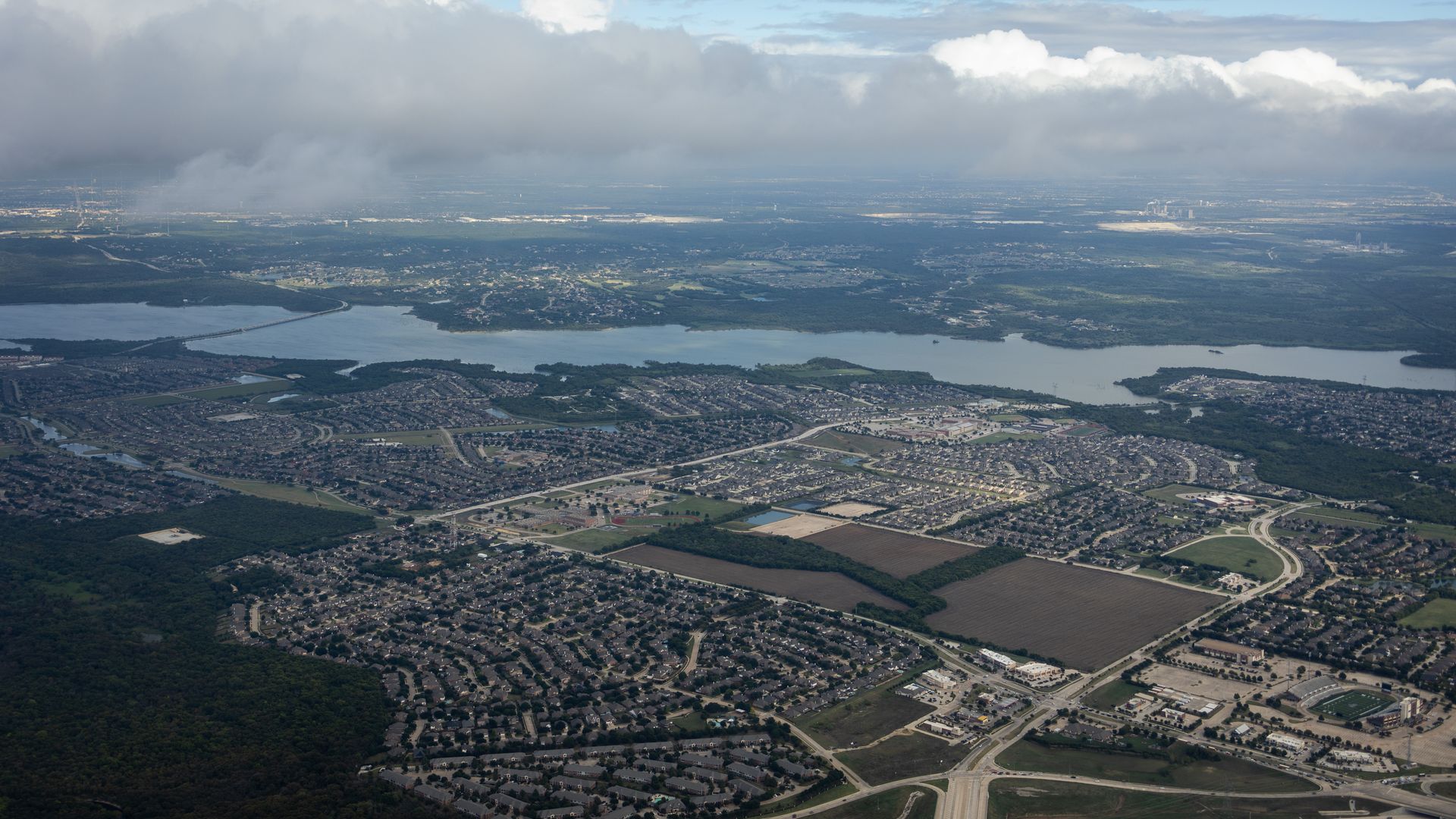 An aerial view of Dallas-Fort Worth from an airplane leaving DFW Airport