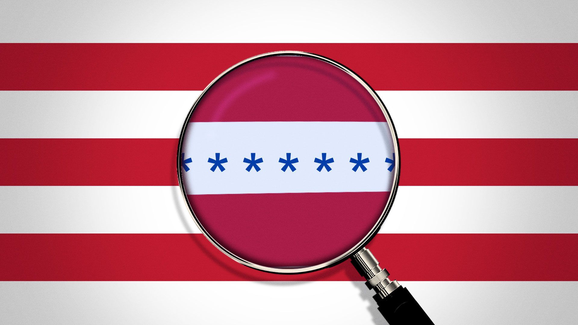 Illustration of a magnifying glass over the US flag stripes revealing a password
