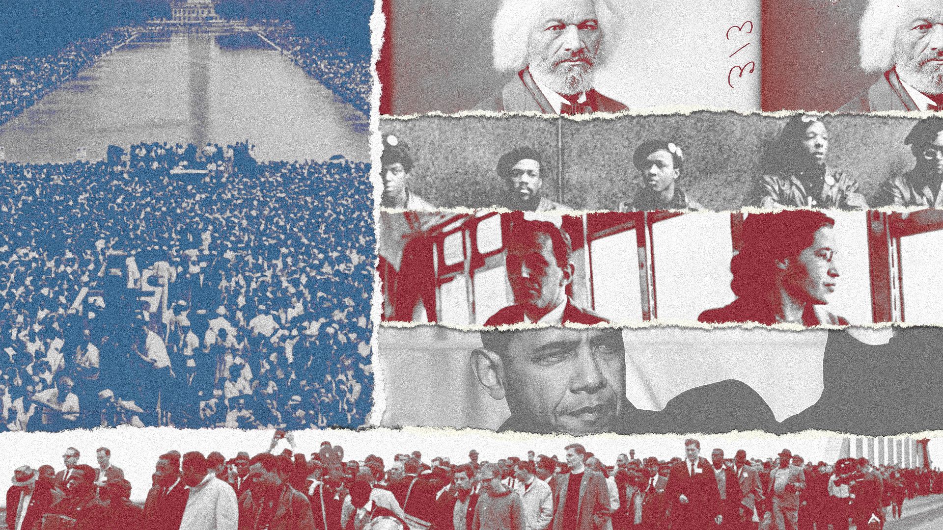 Photo illustration of a collage of photos of the March on Washington, Frederick Douglass, the Black Panthers, Rosa Parks, Barack Obama, and the 1965 march across the Edmund Pettus Bridge arranged to look like an American flag.