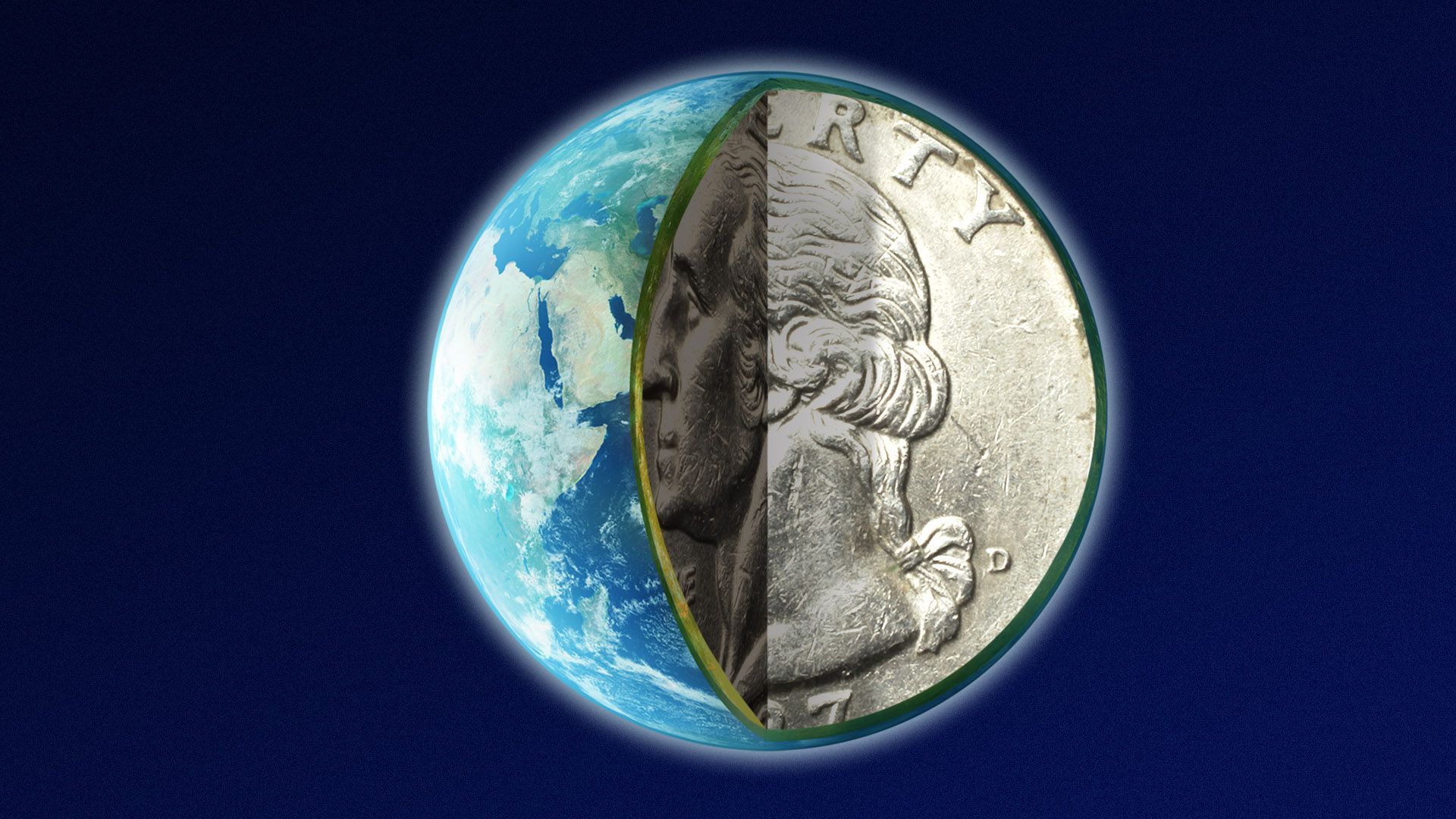 Illustration of a cross section of the earth with a quarter inside