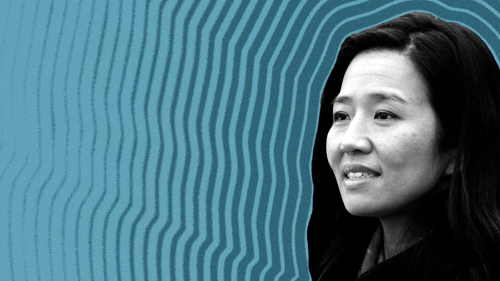 Photo illustration of Boston Mayor Michelle Wu with lines radiating from her.