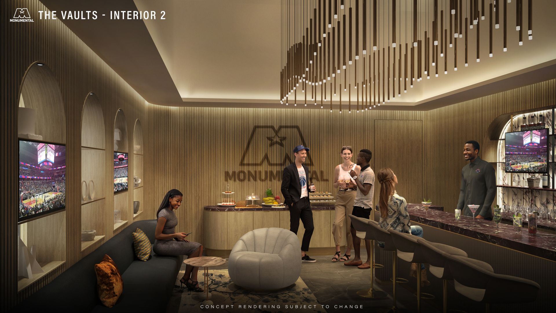 A rendering showing people standing inside a lounge at a sports arena.