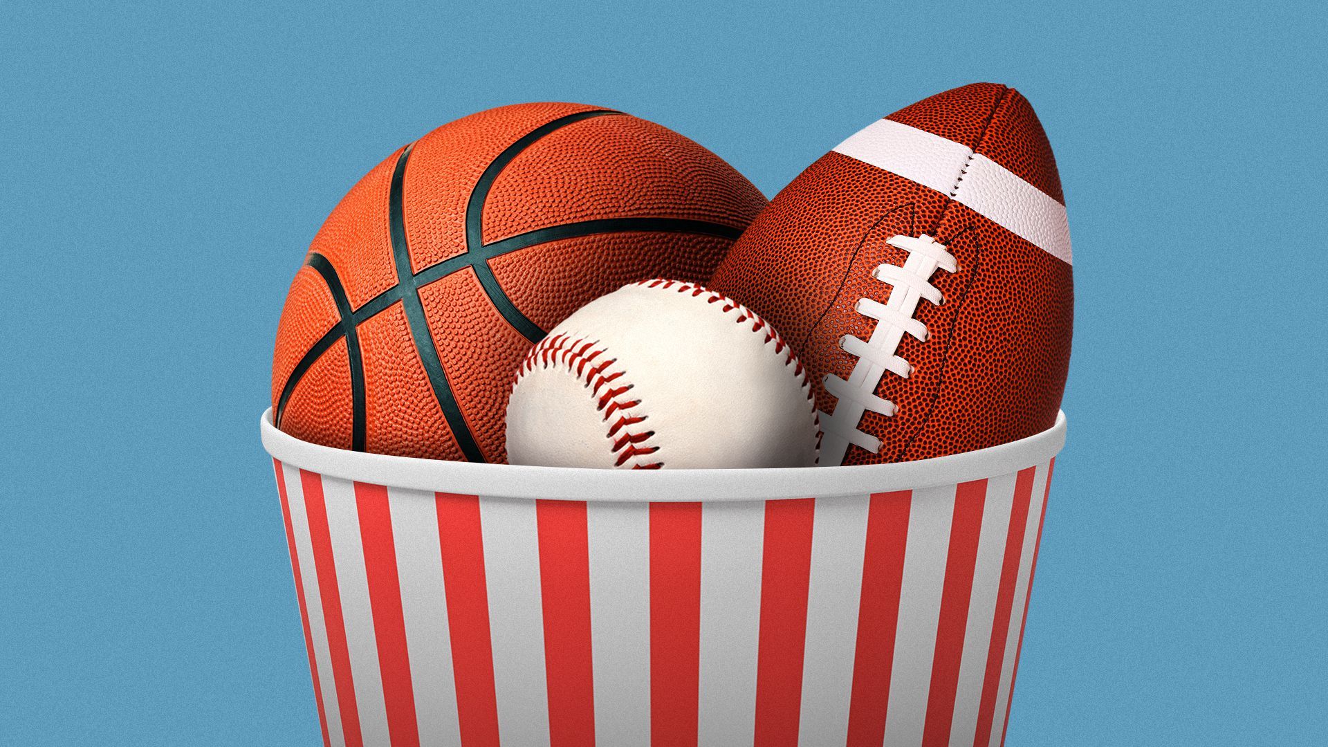 Illustration of a basketball, football, and baseball in a popcorn bucket.