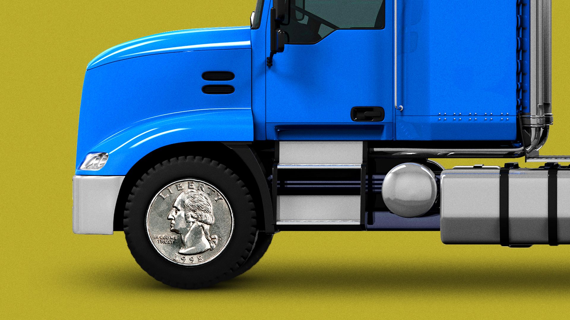 Illustration of a semitruck's front wheel replaced with a quarter. 
