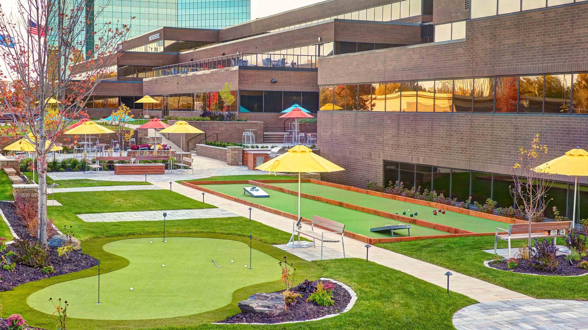 The exterior of the 7700 France building, which has a new patio with a putting green and lawn games.