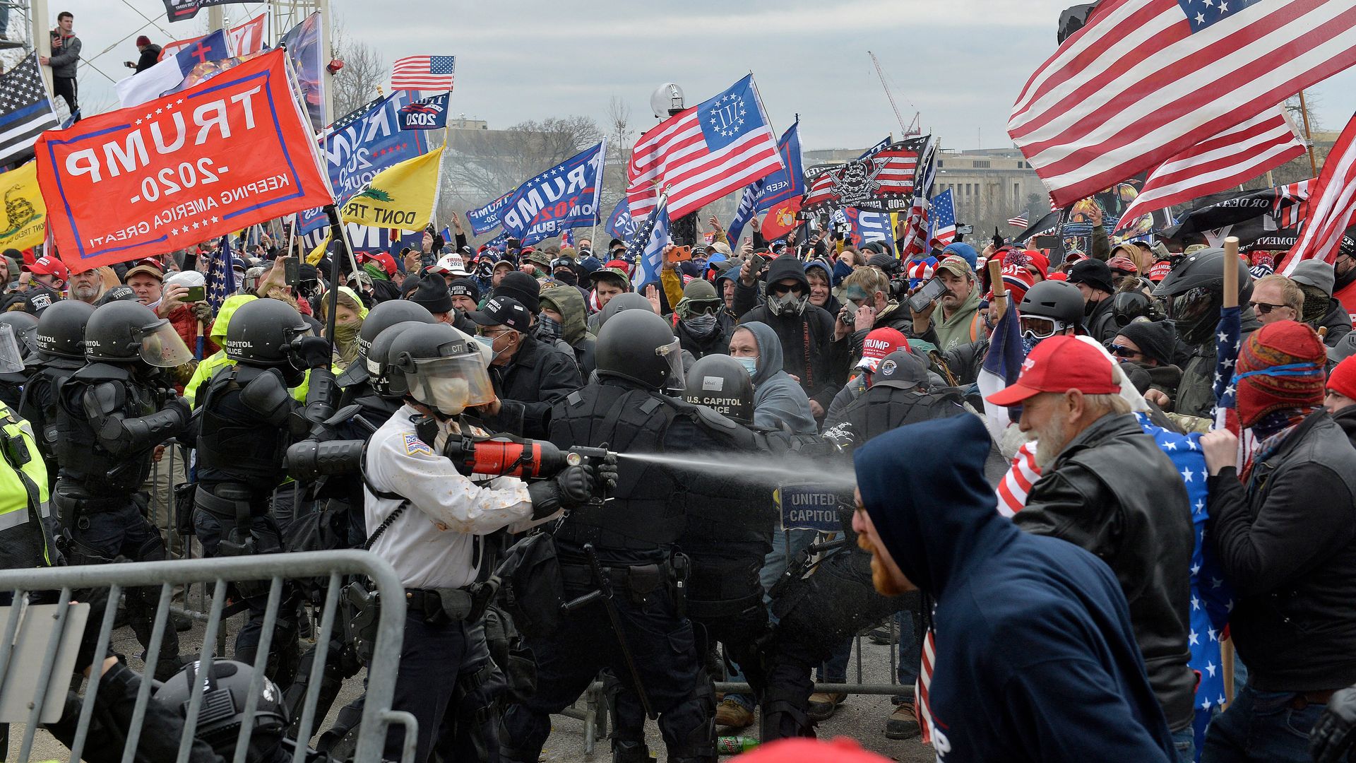 Trump supporters fighting with police during the Jan. 6, 2021, Capitol riot in Washington, D.C.