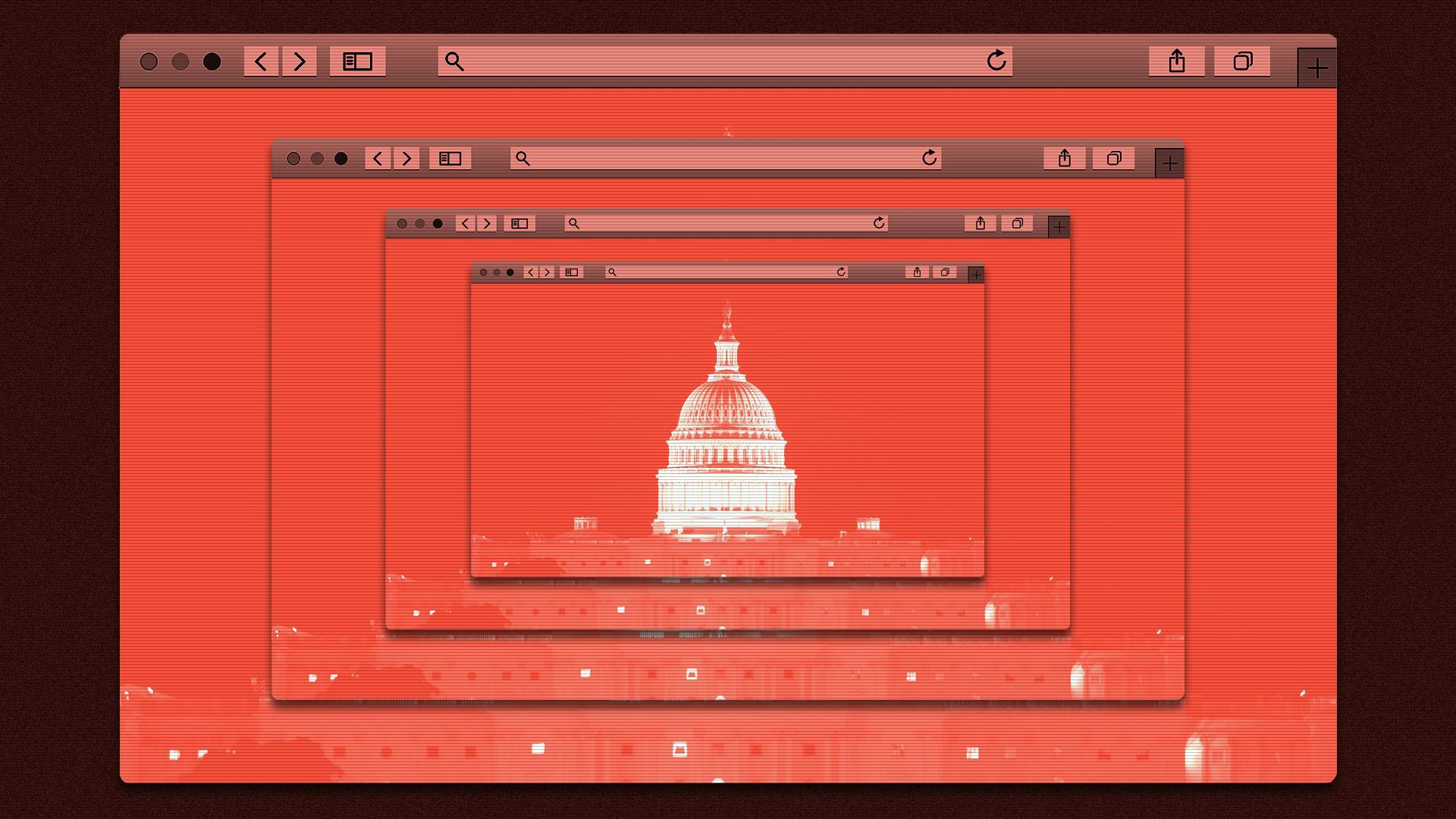 Illustration of numerous internet browser windows showing the US Capitol Building in red repeating