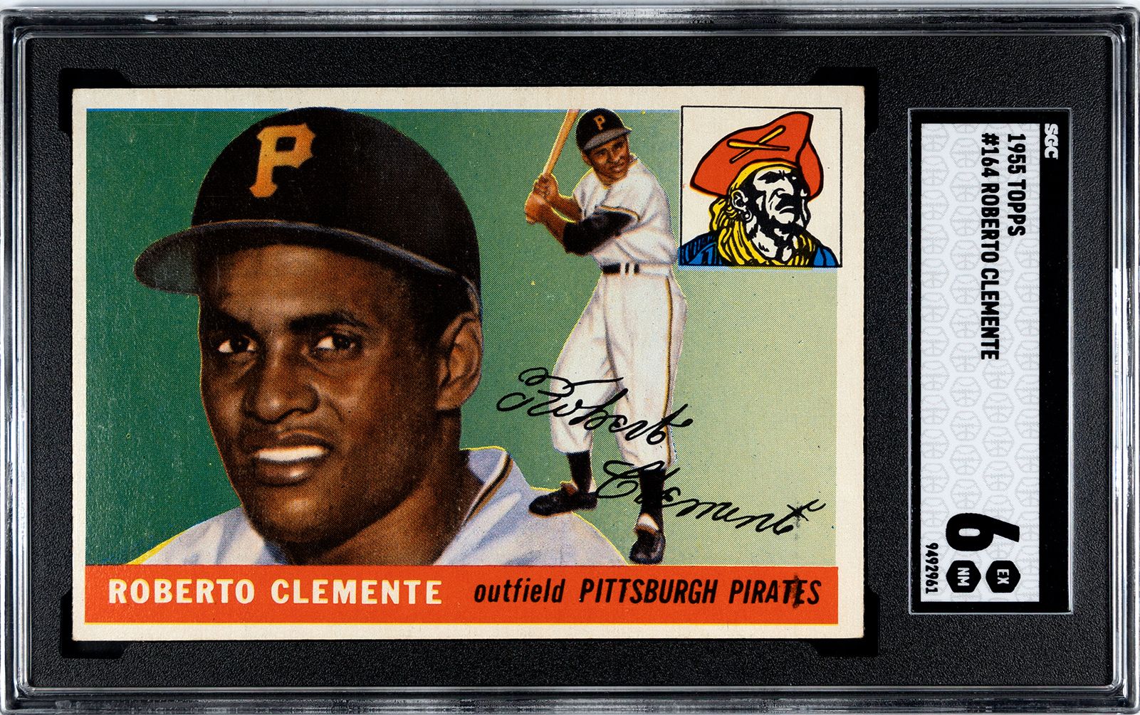 Roberto Clemente's face on a baseball card.