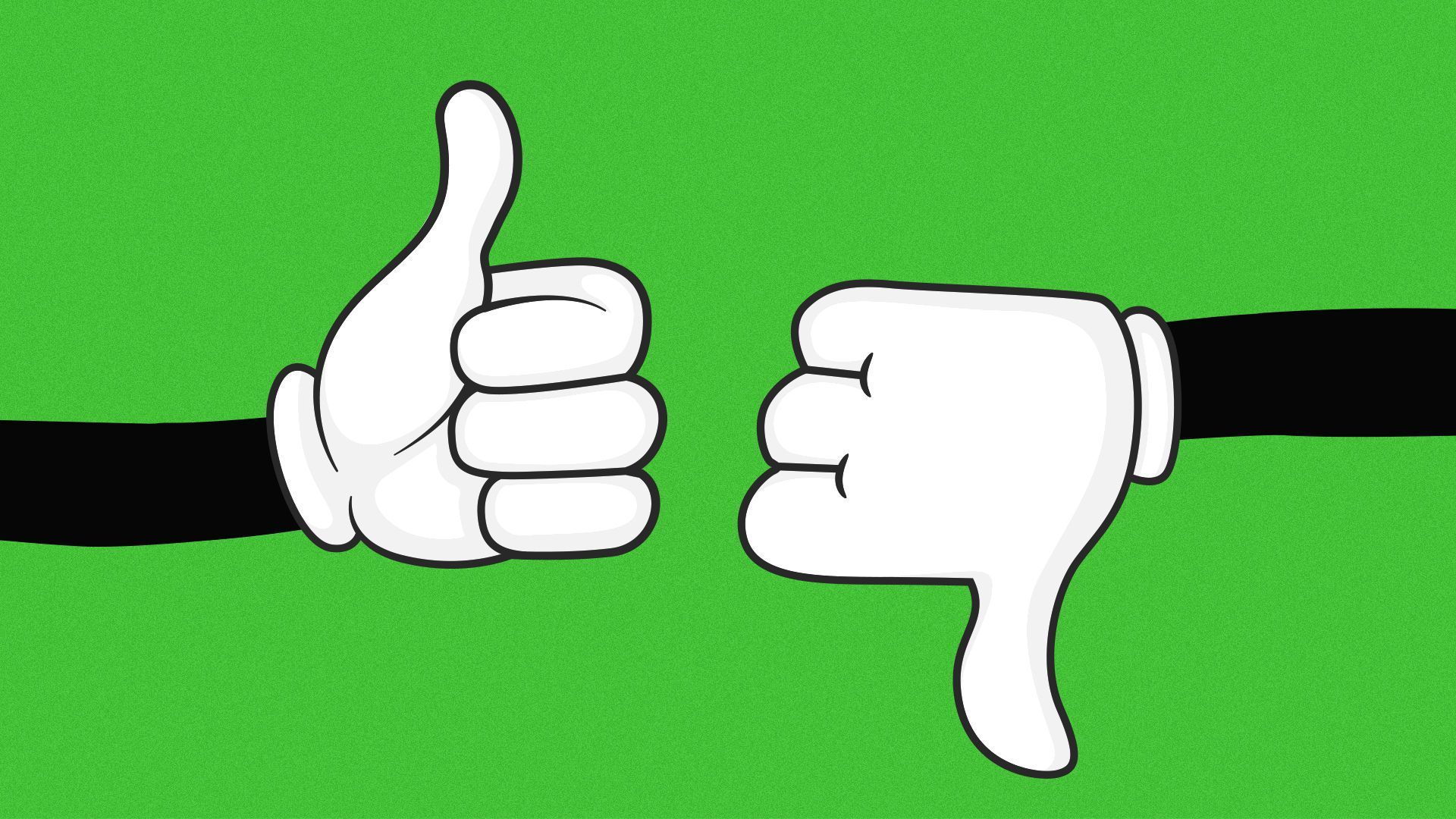 Illustration of two cartoon hands: one making a thumbs-up, the other making a thumbs-down.