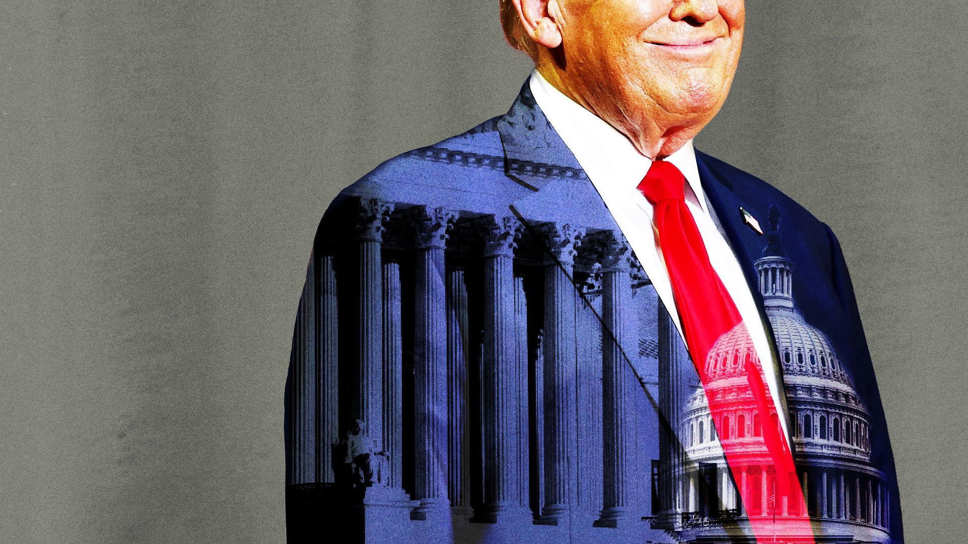 Photo illustration of Donald Trump with an overlay of the Supreme Court and Capitol building on his suit.