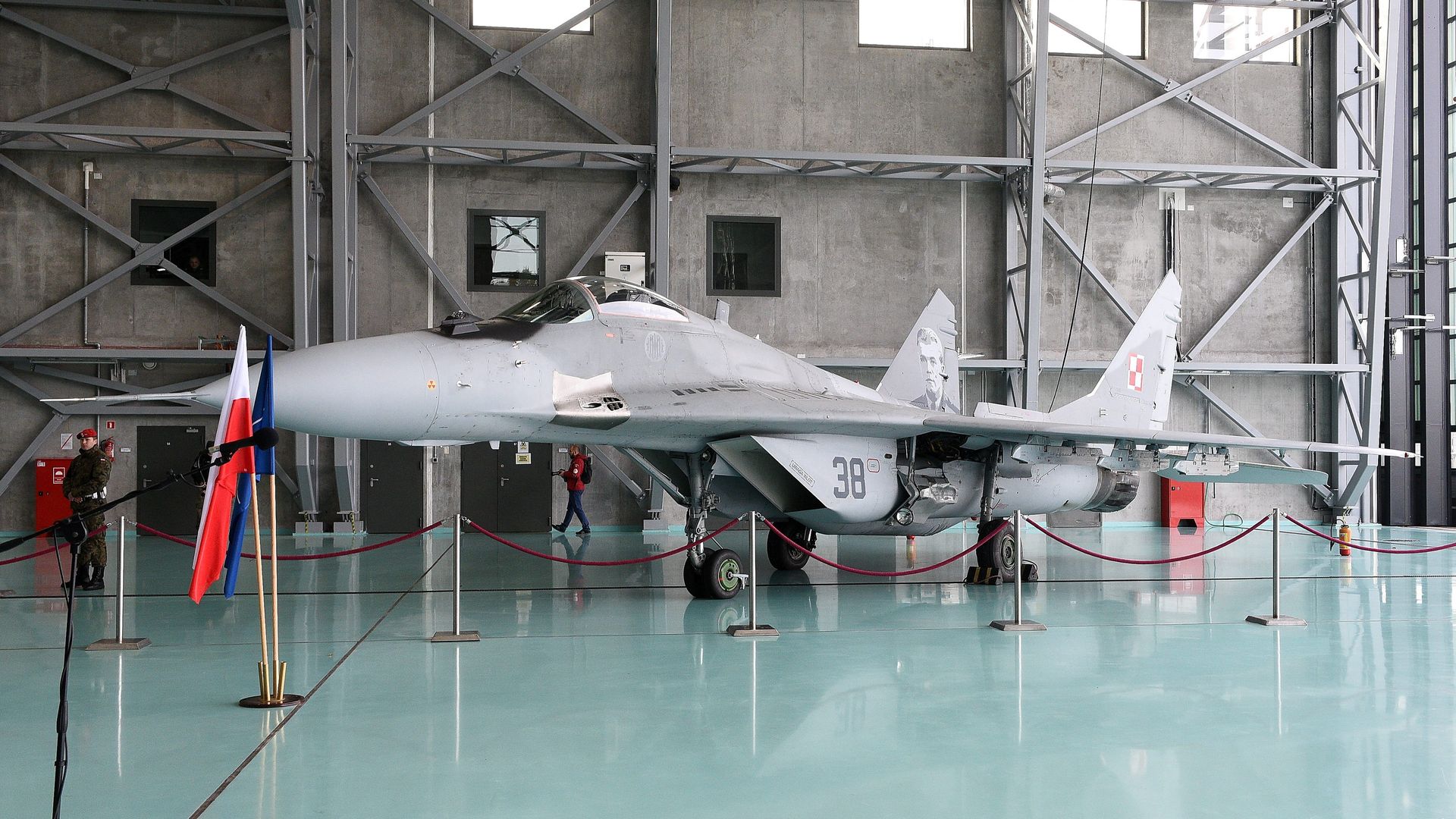 A Polish MiG-29 fighter is seen in a hangar in Warsaw.