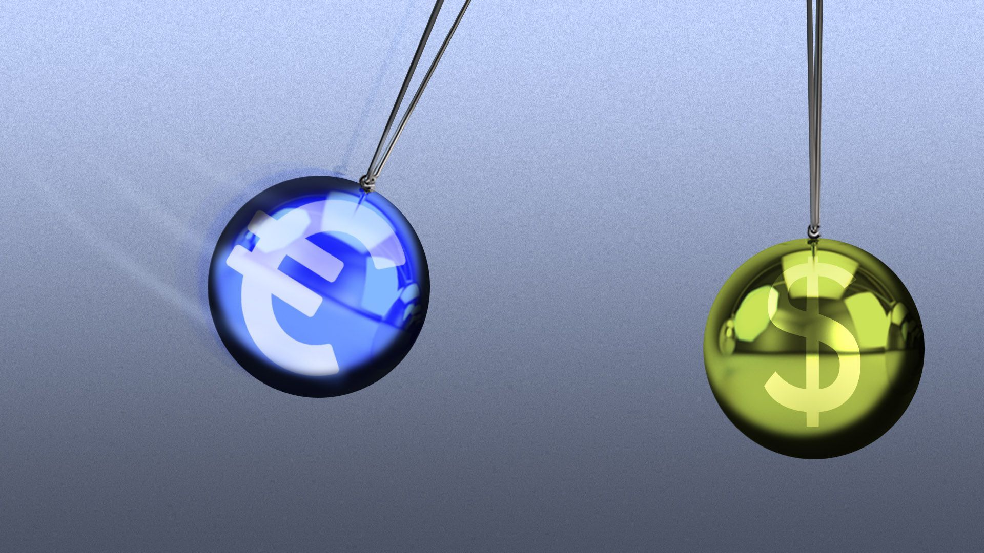 Illustration of two balls in a Newton's Cradle, one with a Euro symbol and the other with a dollar.