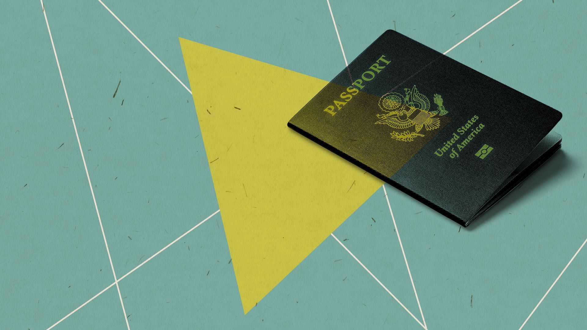 Illustration of a passport surrounded by geometric shapes and lines.