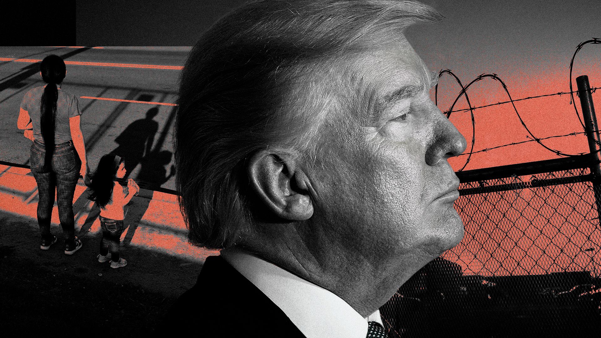 Photo illustration of President Trump's profile between an image of a mother and child outside of a detention center and barbed wire.
