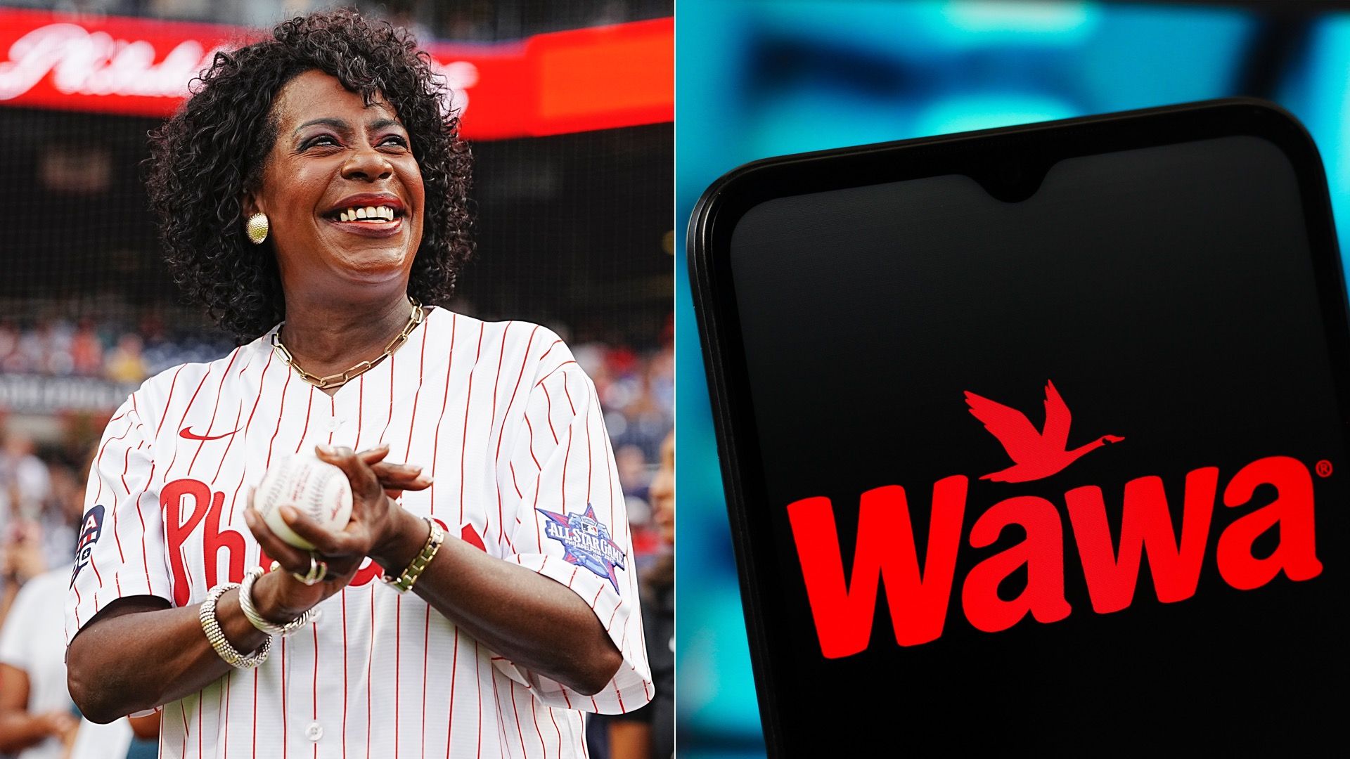 Split screen: Mayor Cherelle Parker in a Phillies jersey and a photo illustration of a smartphone with Wawa's logo.
