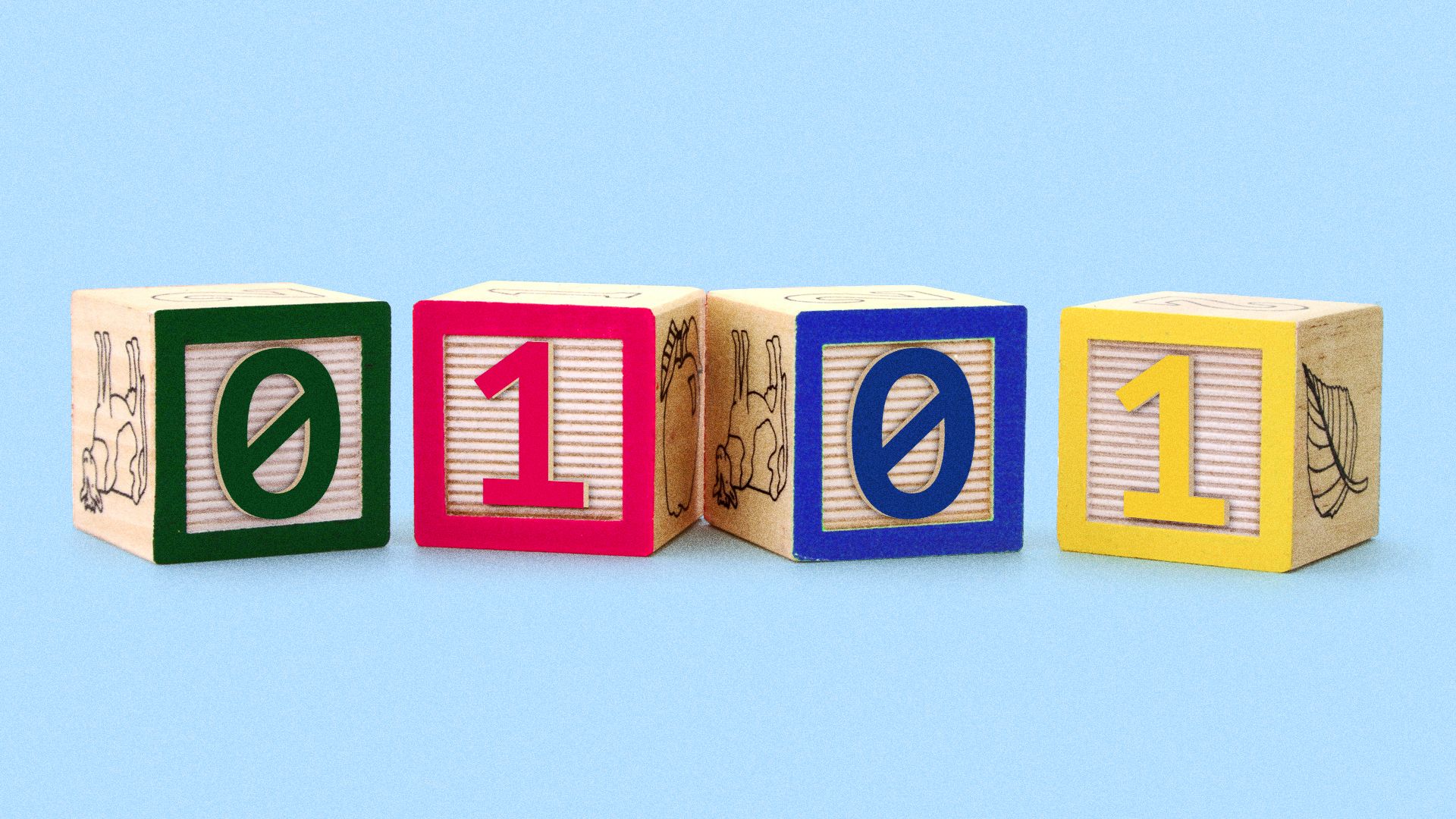 Illustration of children's blocks with binary code.