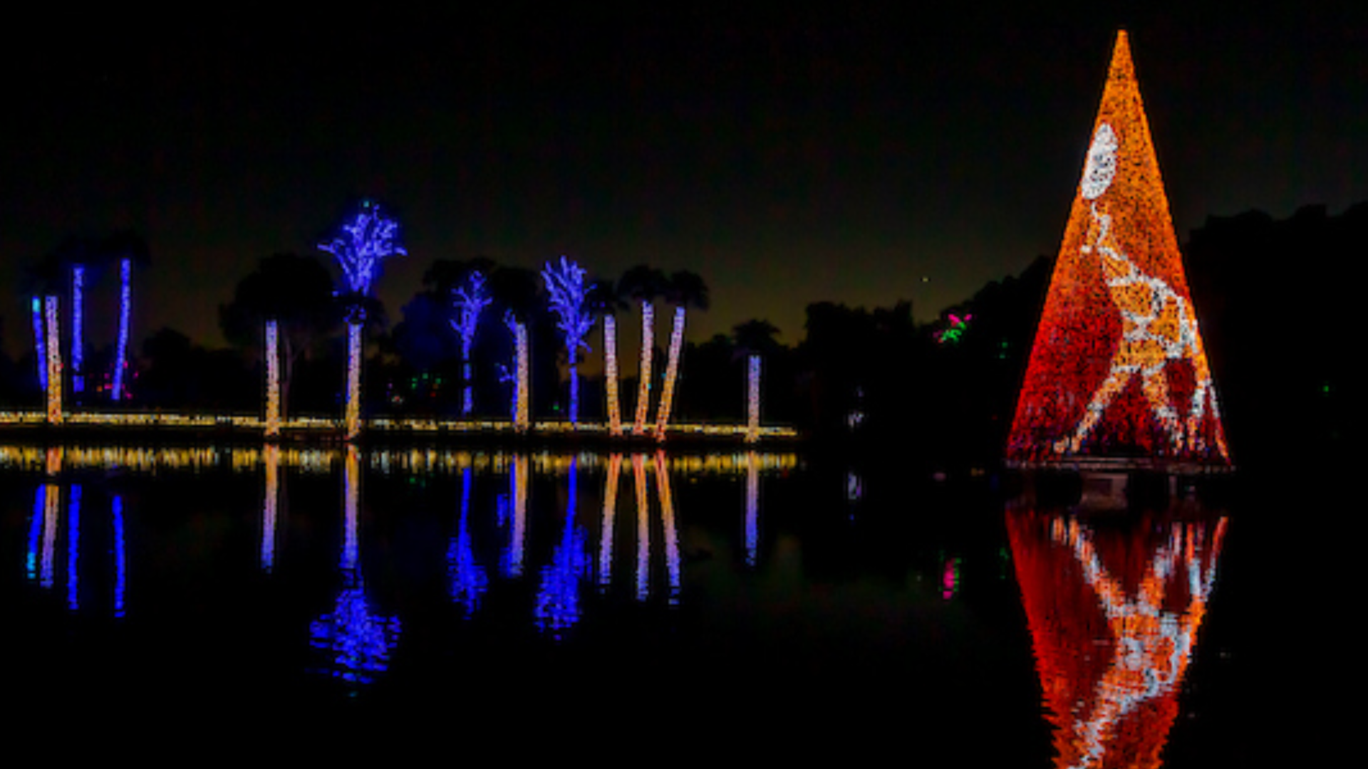Holiday lights with a mountain background.