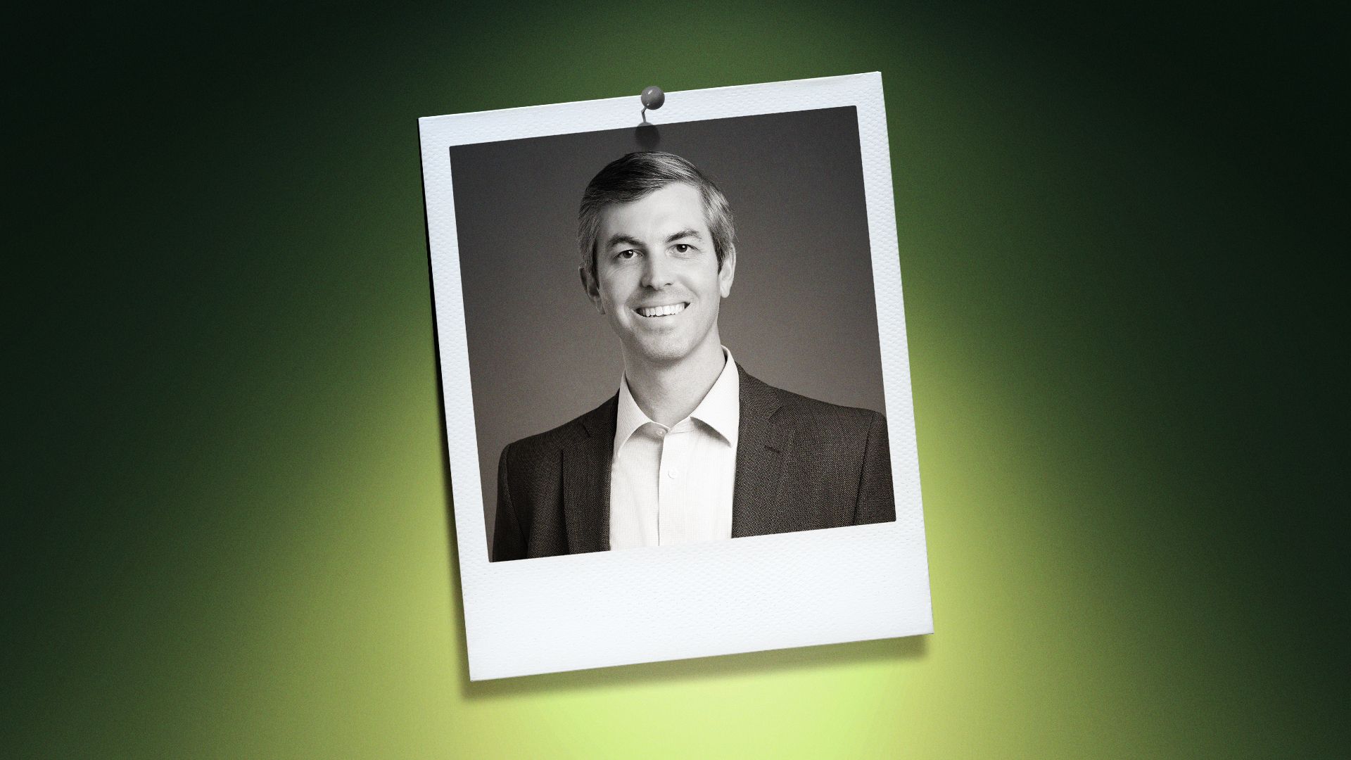 Photo illustration of Jordan Whichard in a polaroid photo lit by a lime-green light. 
