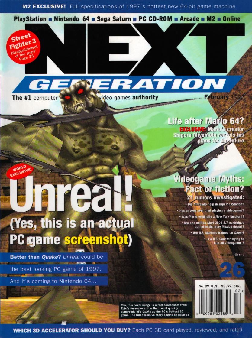 1997 video game magazine cover showing a video game character that would look dated to modern eyes. The tag line emphasizes this is an actual PC game screenshot
