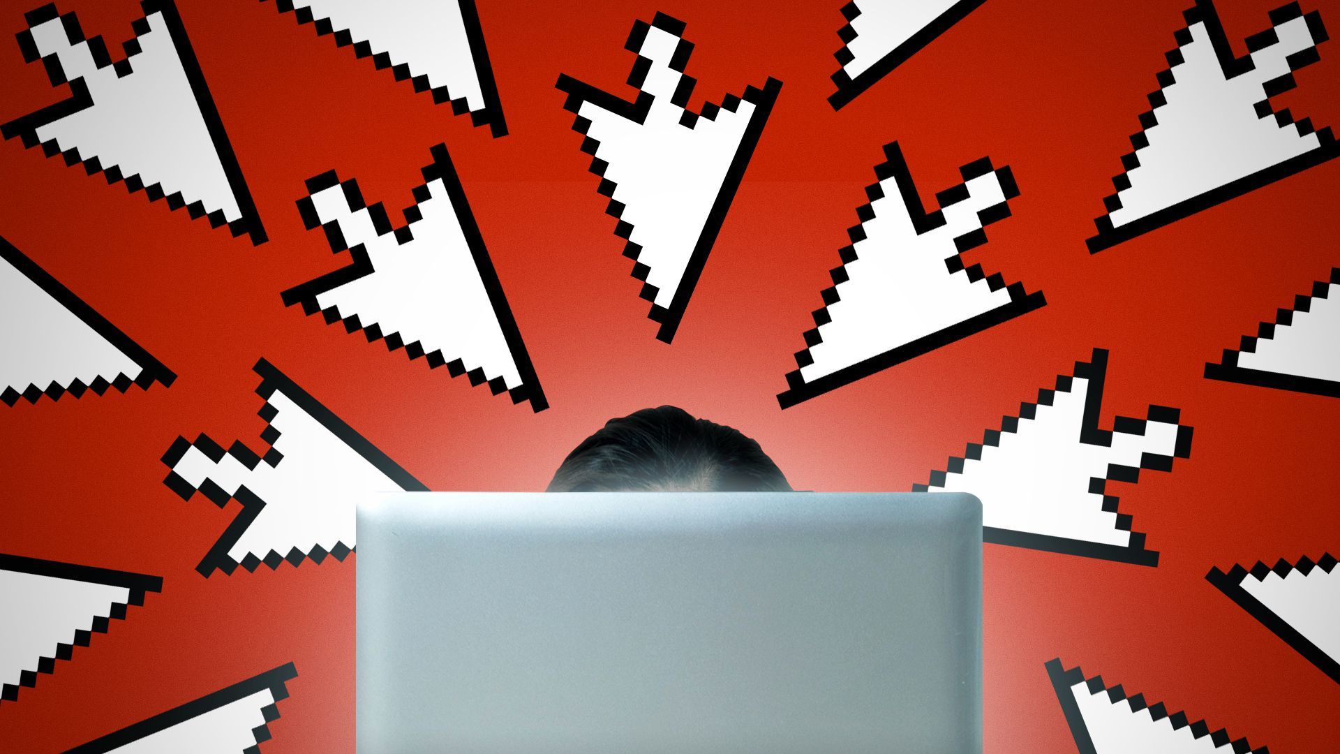 Illustration of a person behind a laptop screen with numerous cursors surrounding them and pointed towards their head.