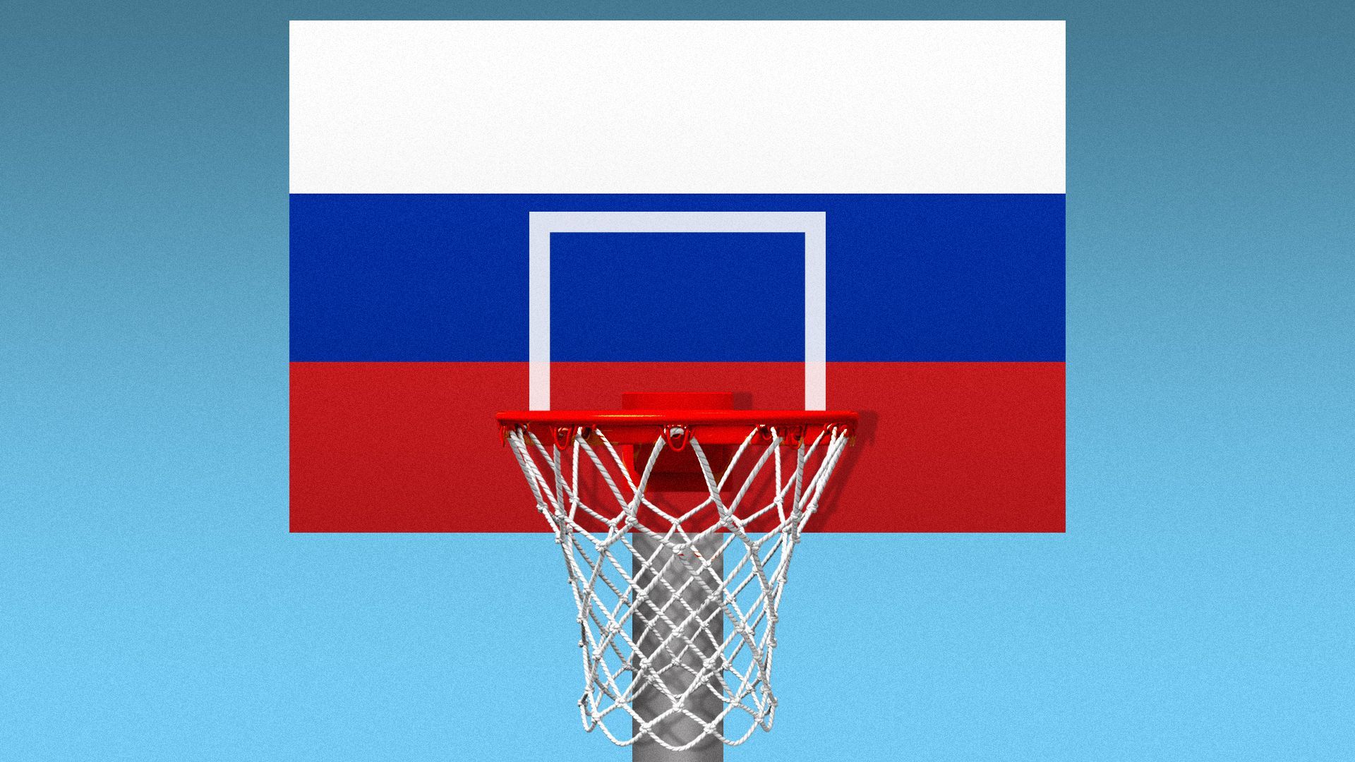 Illustration of a basketball hoop attached to a backboard made of the Russian flag.