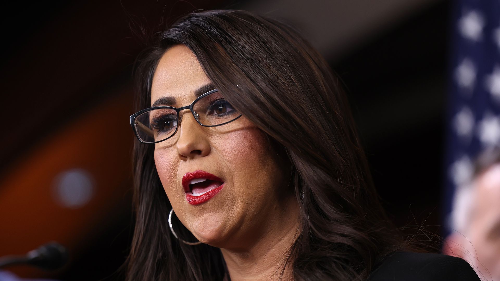 Up-close image of Rep. Lauren Boebert speaking 