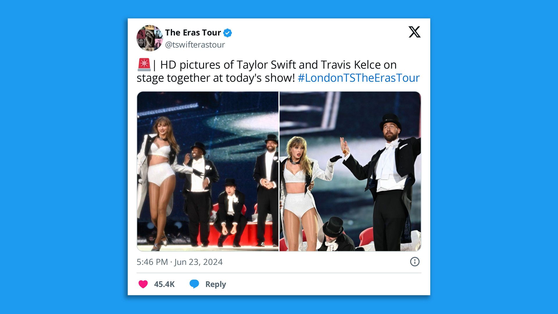 A tweet sharing two images of Travis Kelce on stage with Taylor Swift at the Eras Tour in London