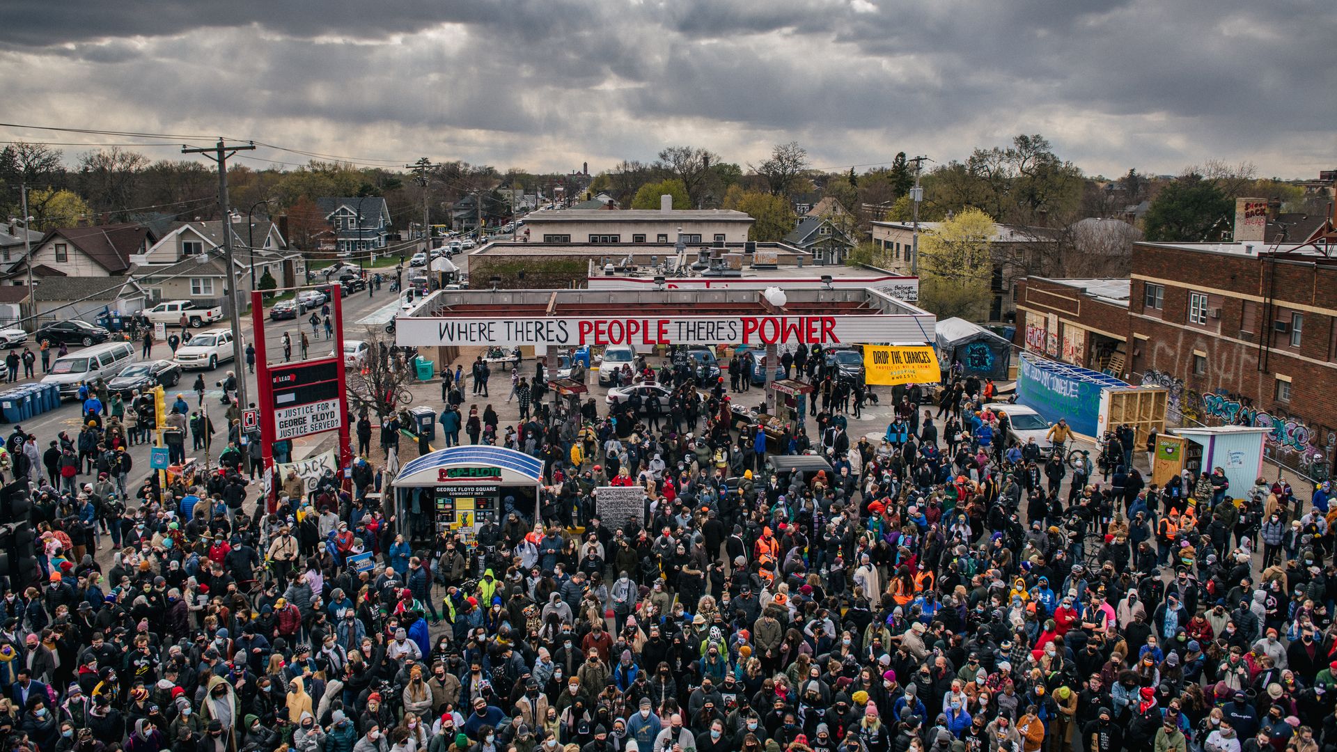 People gather at the intersection of 38th Street and Chicago Avenue to celebrate the guilty verdict in the Derek Chauvin trial on April 20, 2021 in Minneapolis, Minnesota.