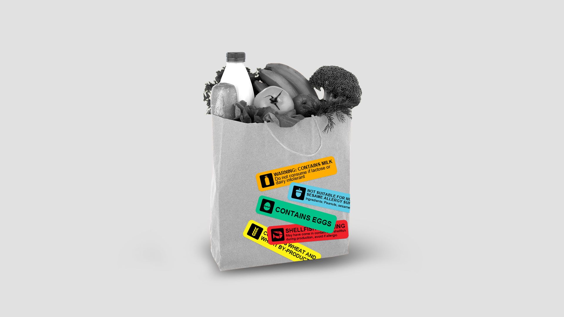 Illustration of a grocery bag with warning labels for milk, sesame, eggs, wheat, and shellfish.