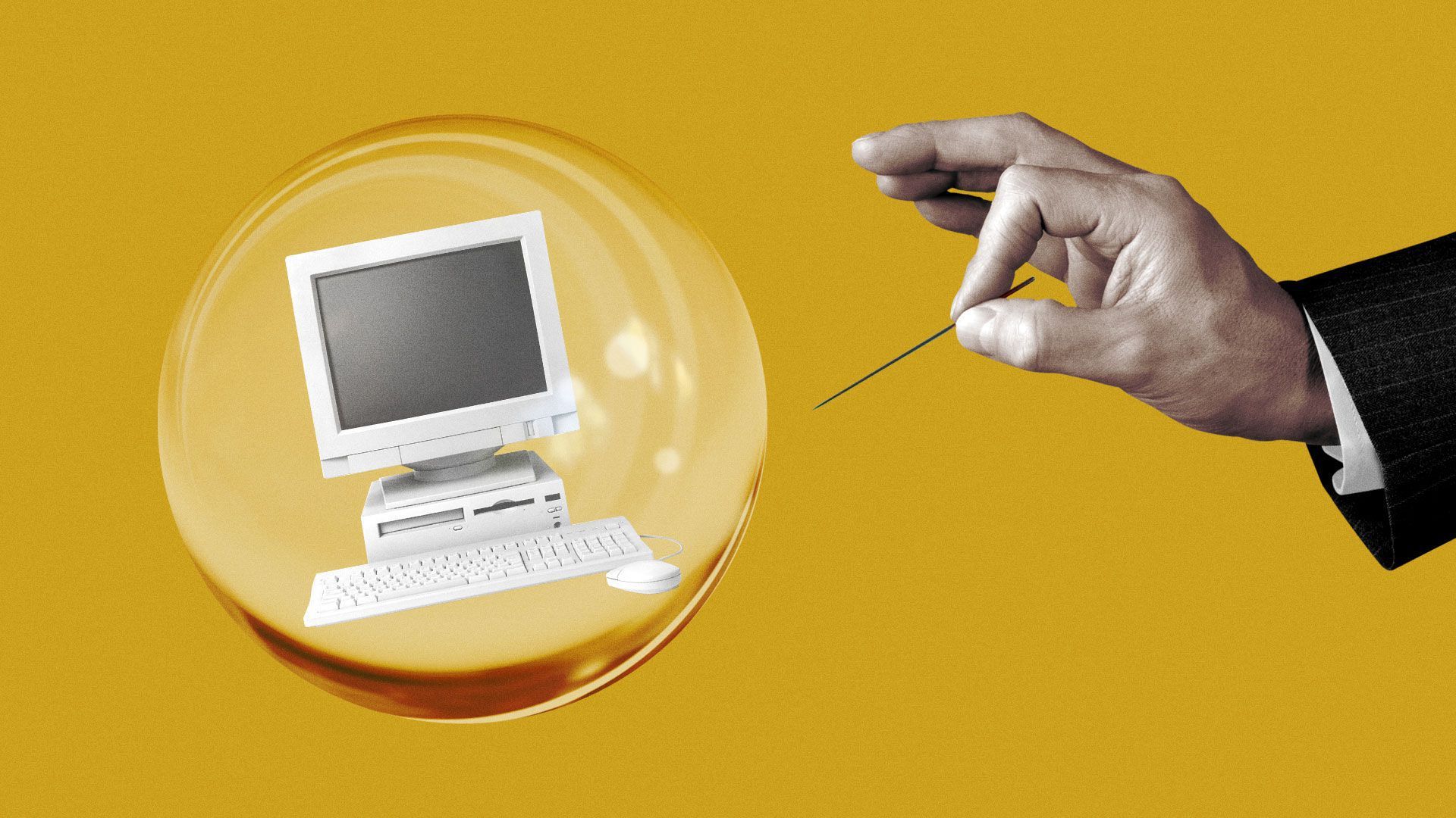 An illustration of a PC in a bubble being approached by a hand with a pin