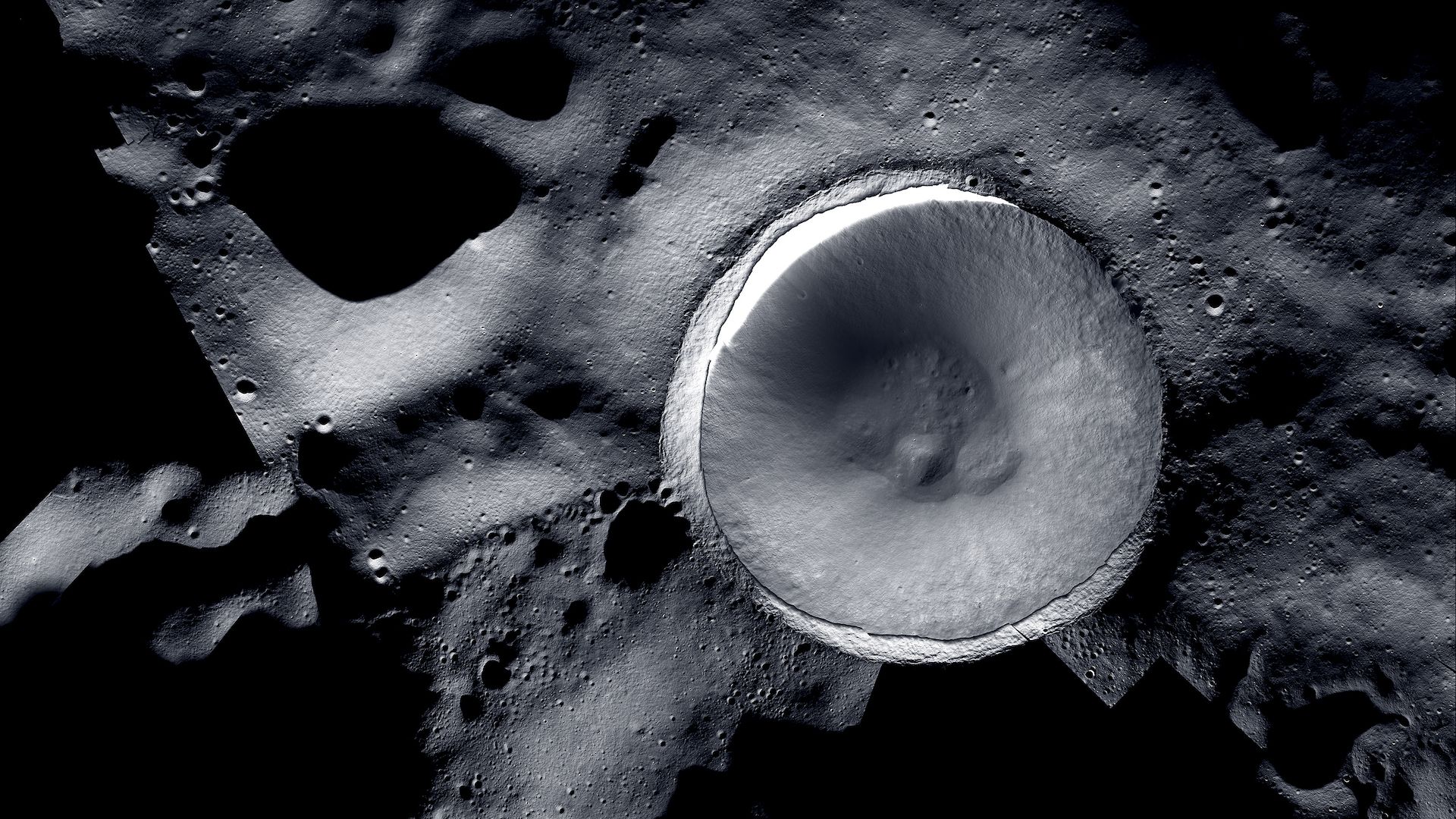 A mosaic image showing a new view of a crater on the Moon.
