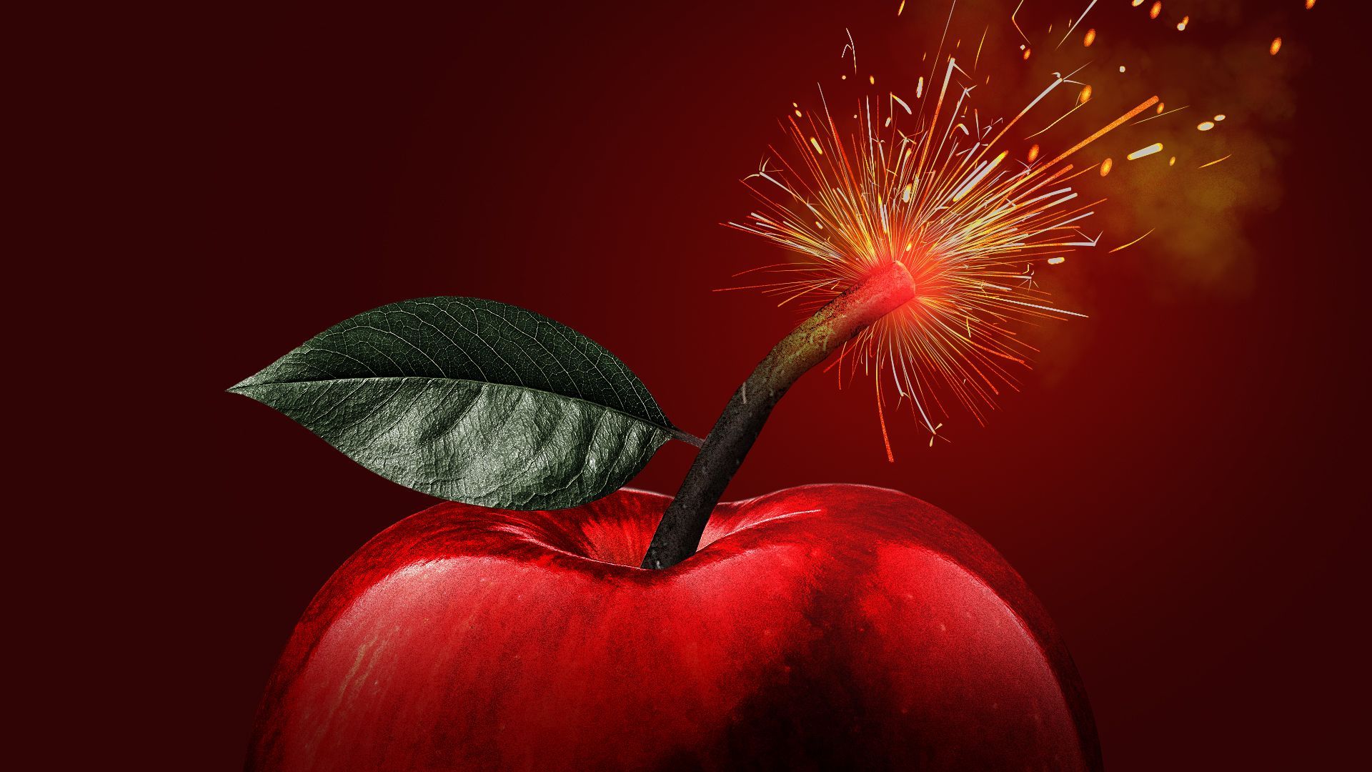 Illustration of a lit fuse as the stem of an apple.