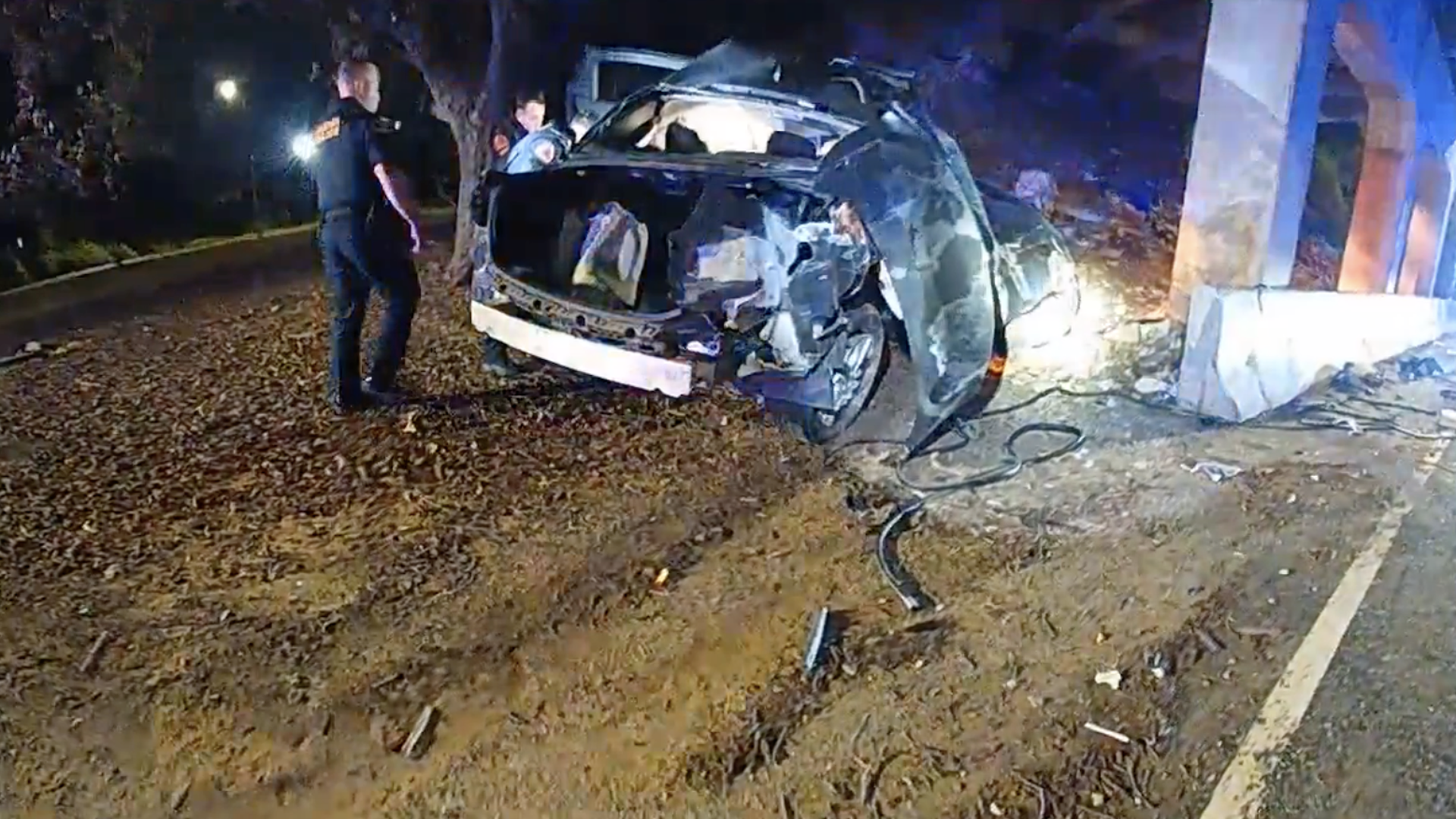 A screen grab of State Highway Patrol body camera footage showing the incidents surrounding a fatal October crash.