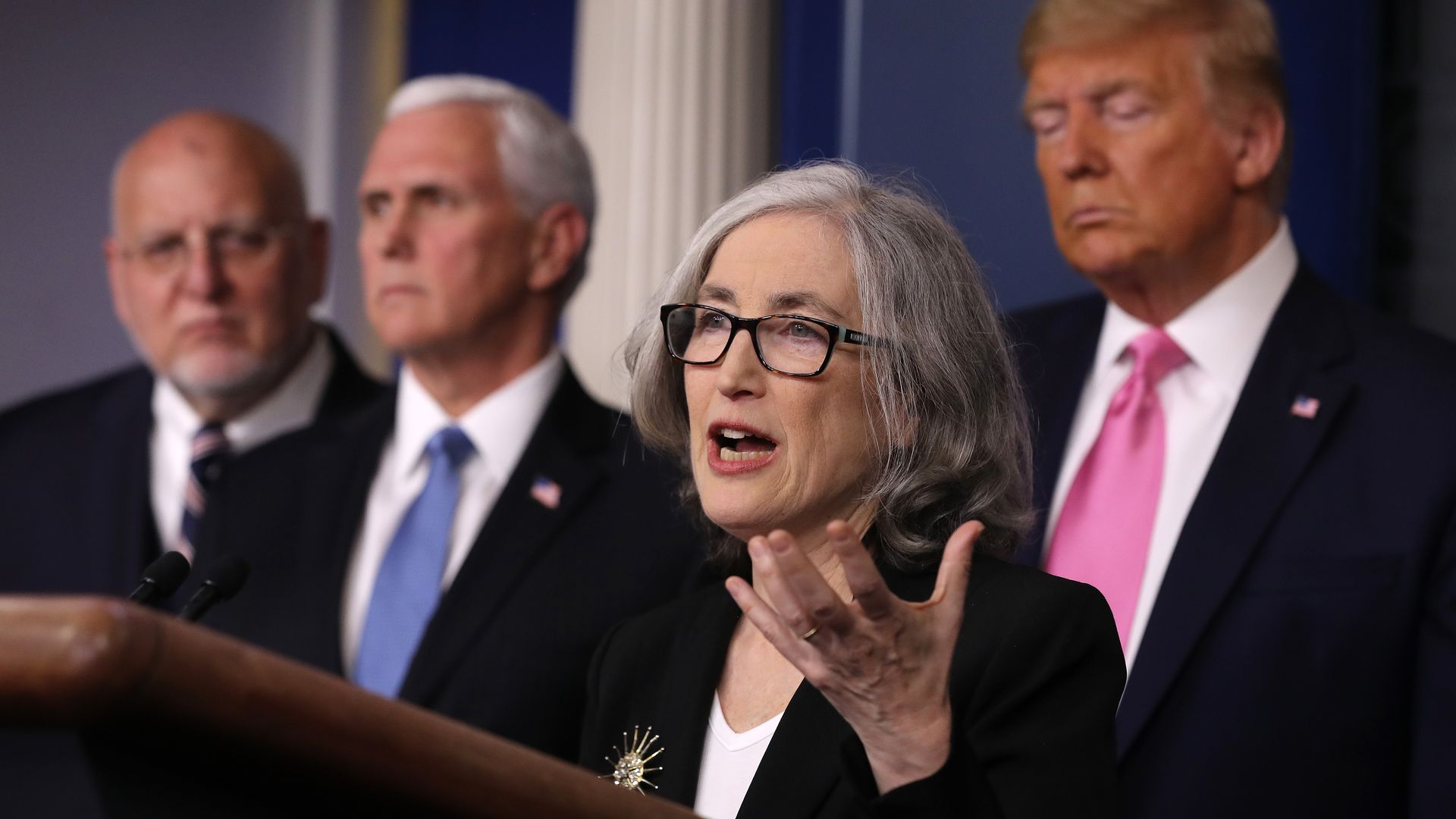Anne Schuchat, principal deputy director for Agency for Toxic Substances and Disease Registry in the CDC speaks during a news conference as President Trump and Vice President Mike Pence look on