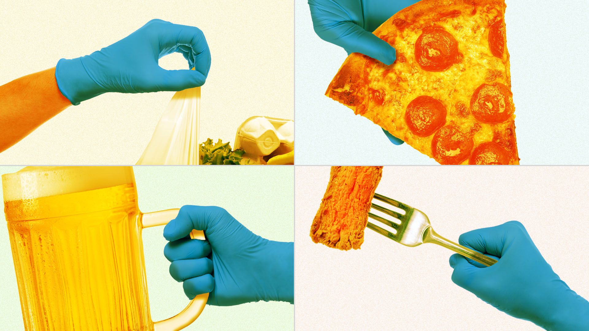 Illustration of hands in medical gloves holding food delivery, a beer stein, a slice of pizza, and a fork with steak