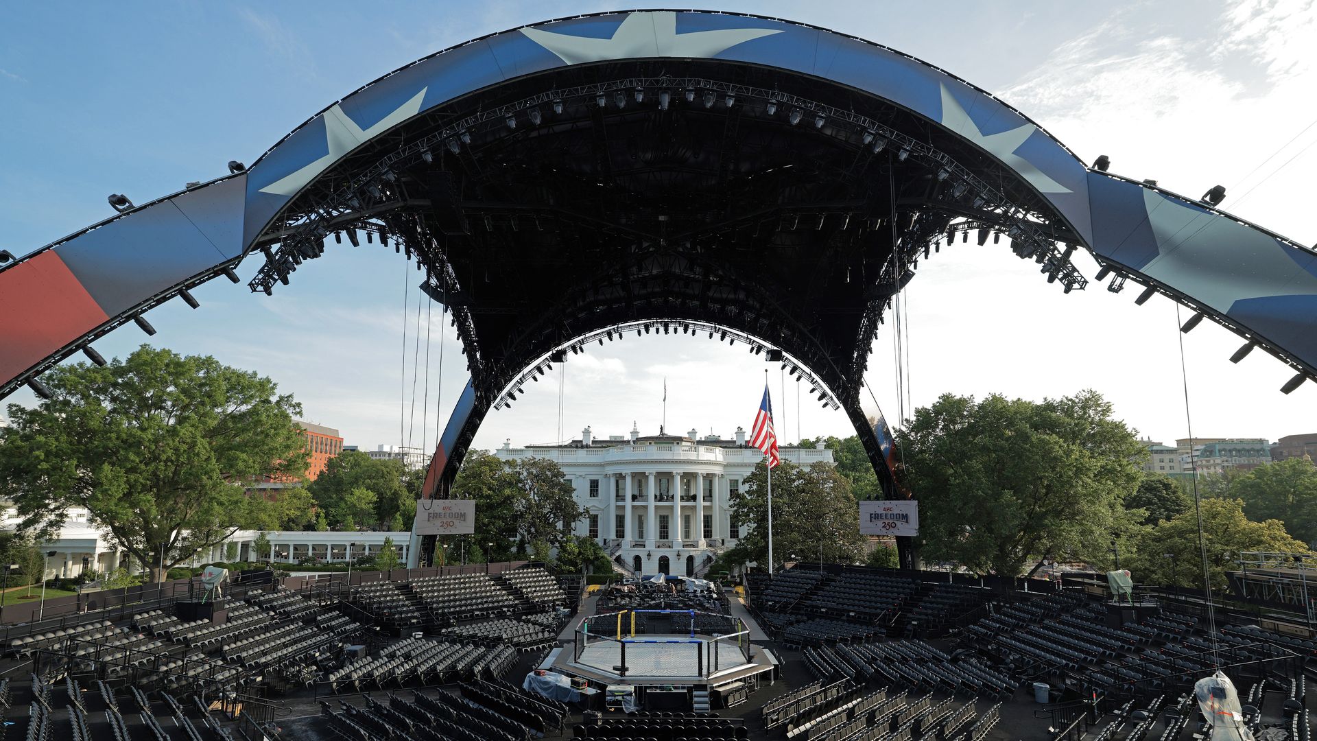 The Ultimate Fighting Championship (UFC) "Claw" and the octagon fighting ring on the South Lawn of the White House.