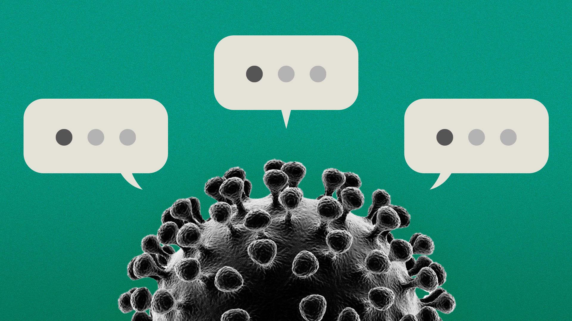 llustration of covid cell with three speech bubbles.
