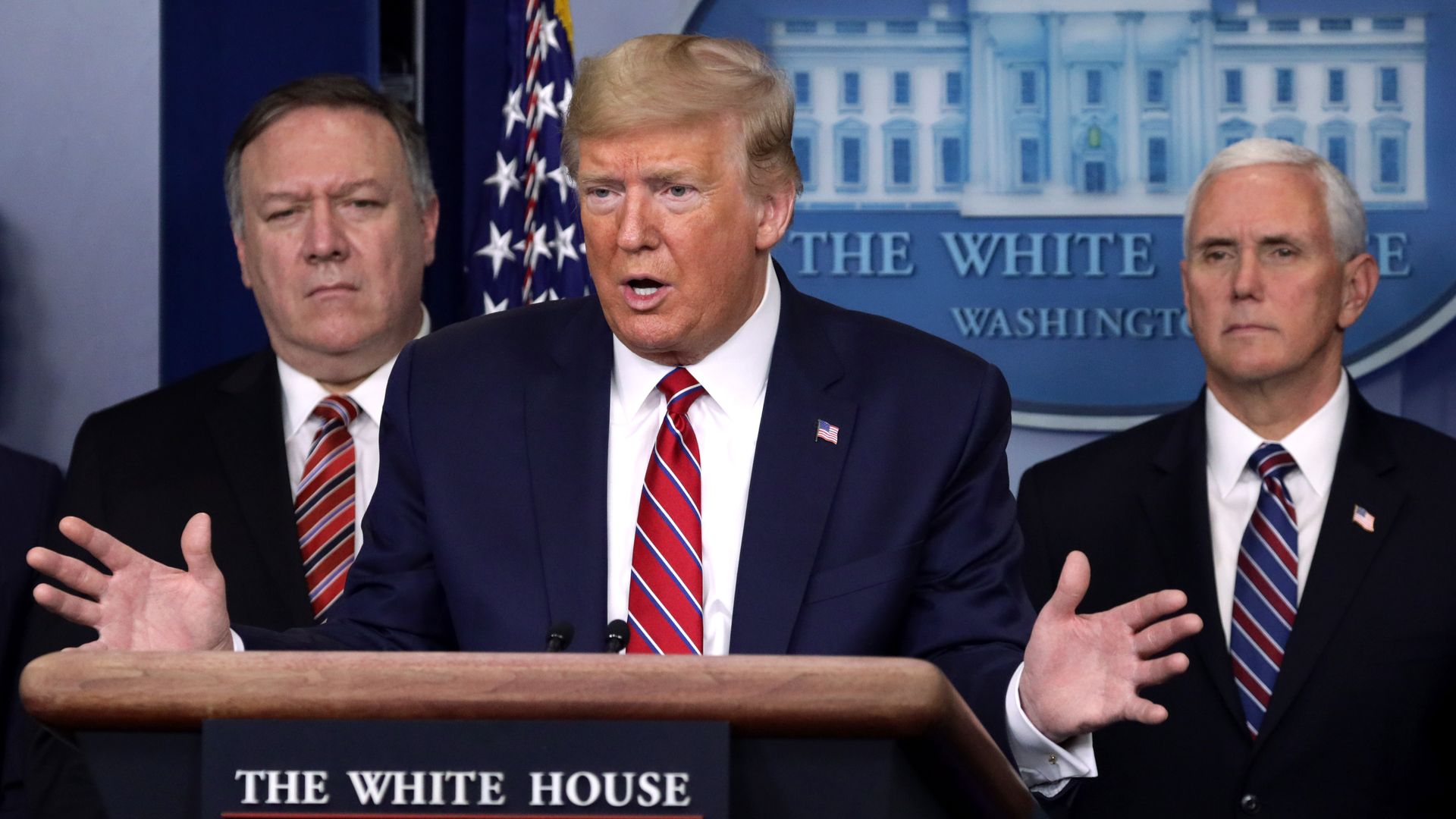President Trump in the White House briefing room with Vice President Mike Pence and Sec. of State Mike Pompeo