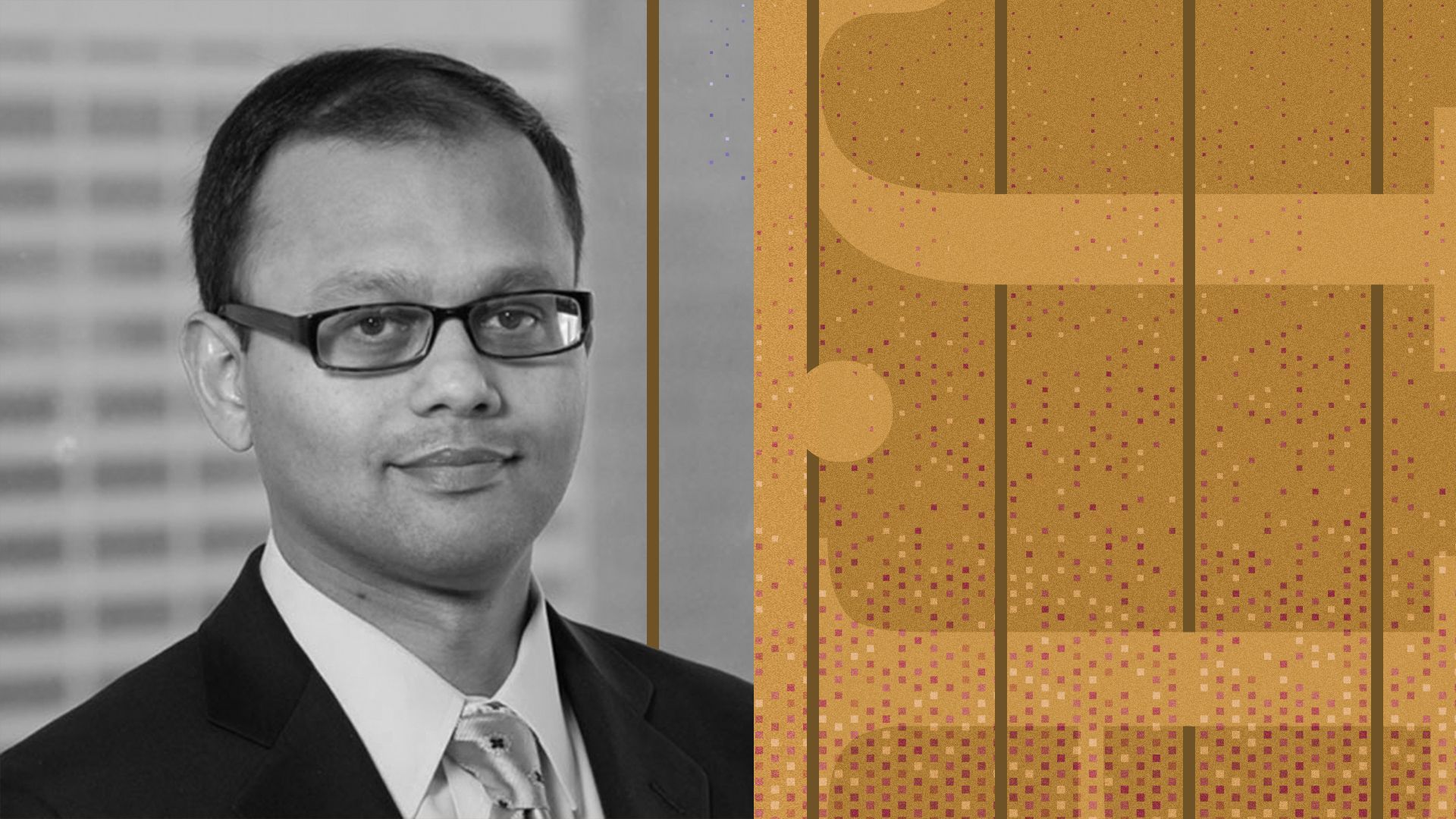 Photo illustration of Rama Variankal next to an abstract JP Morgan logo and a pixel pattern.