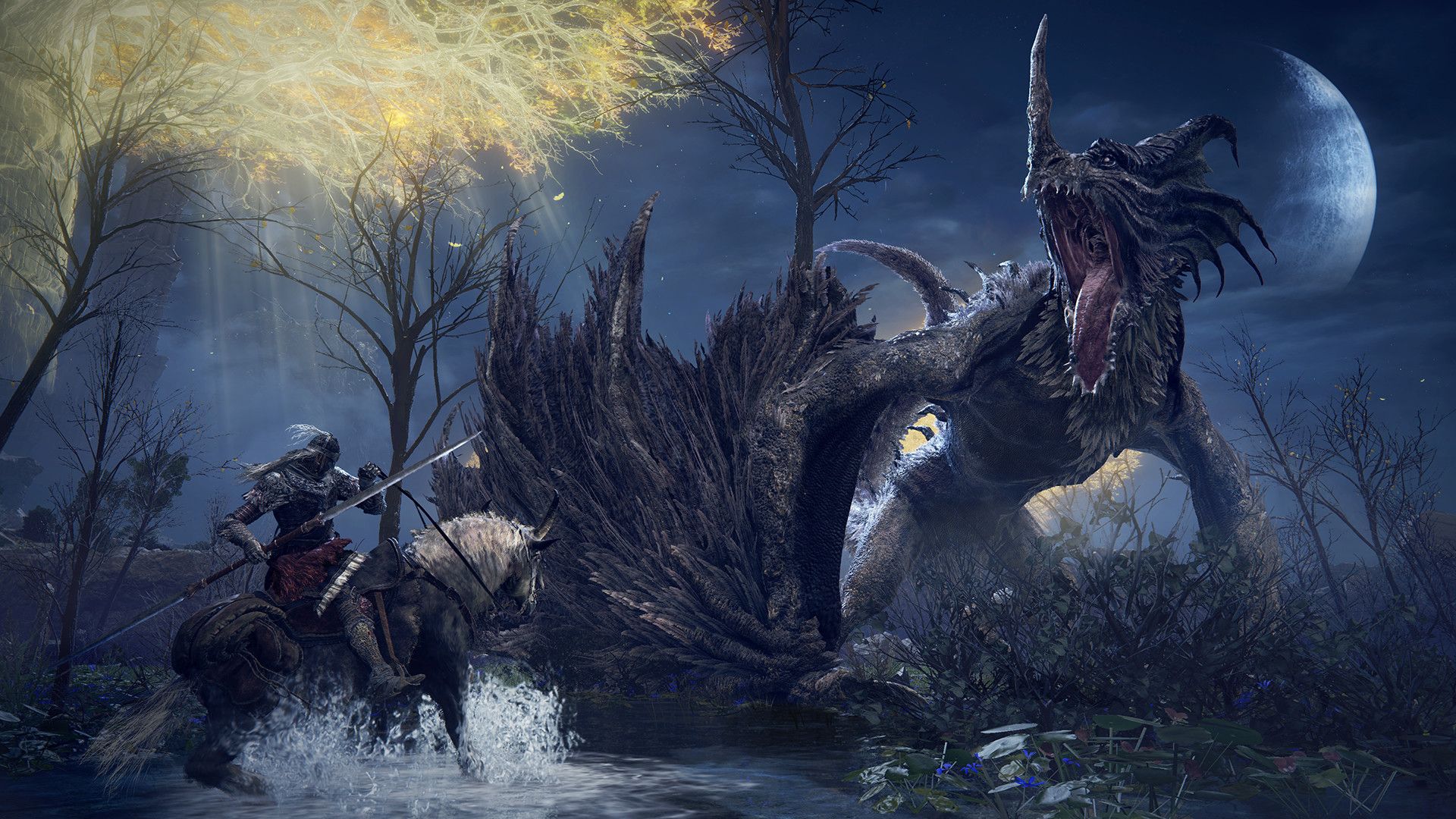 Video game screenshot of a horse-mounted knight approaching a dragon under a night sky