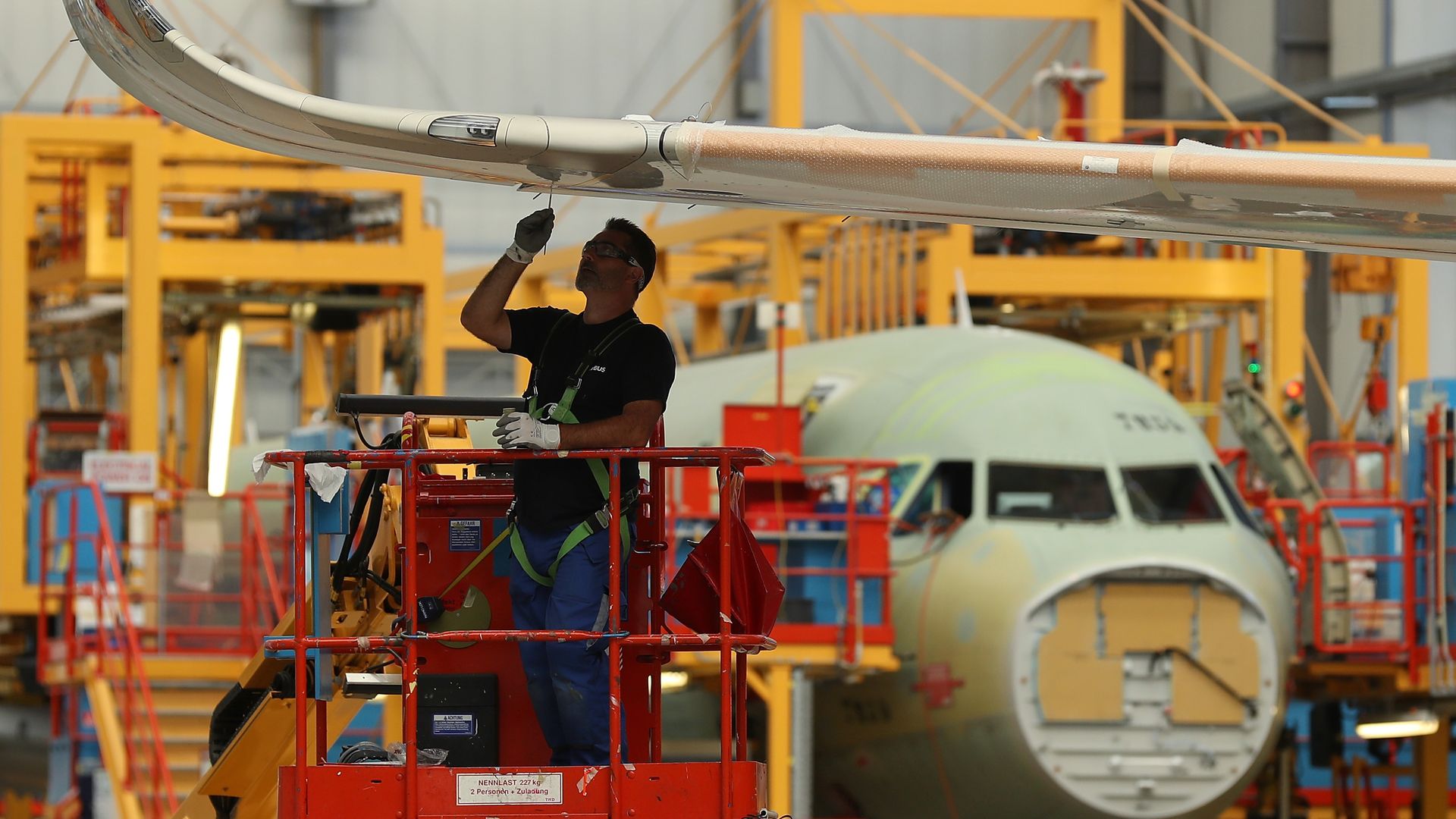 A worker at an Airbus factory in Hamburg, Germany, in 2017. 